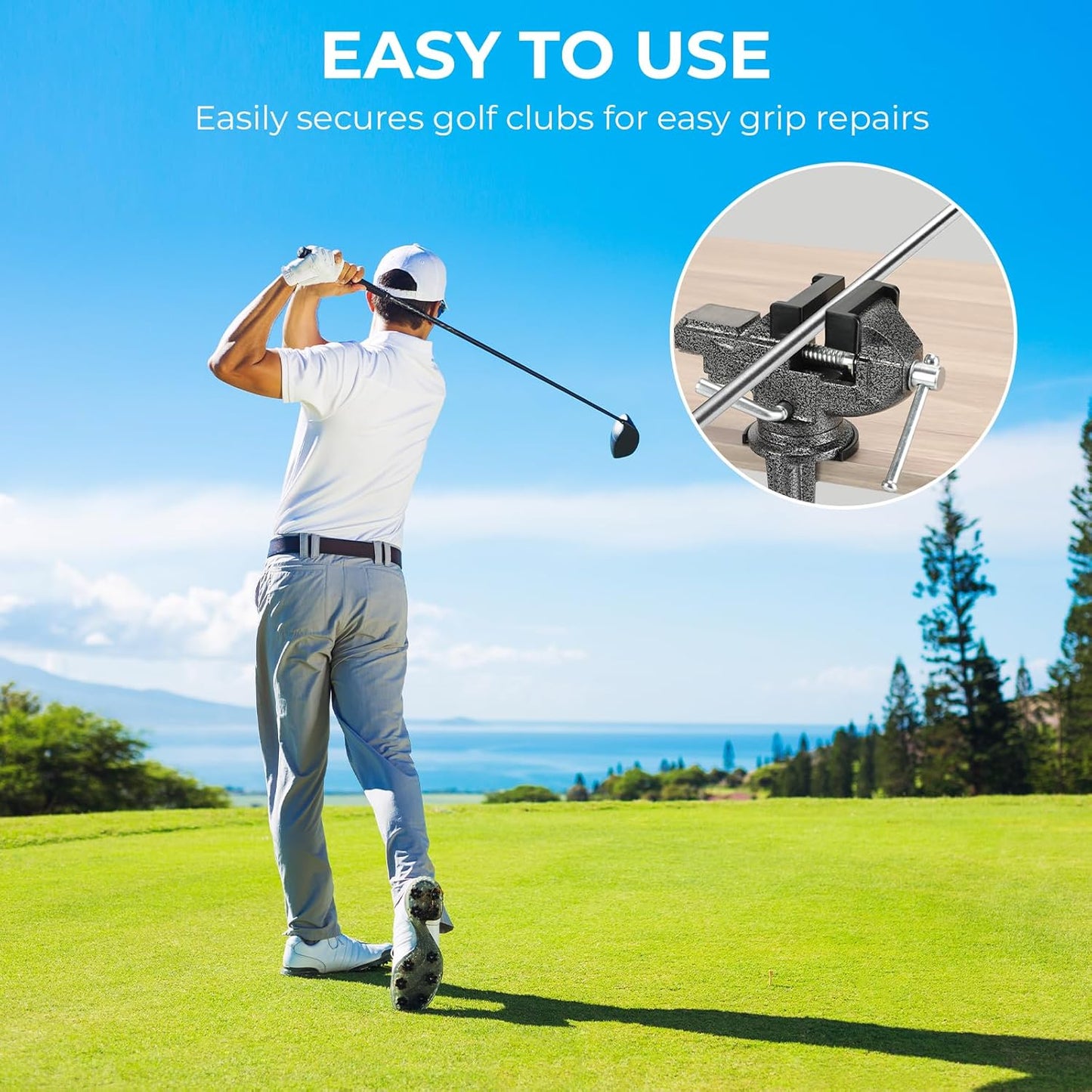 Golf Club Grip Vise Clamp Kit for Regripping, Removal & Replacement with 360-Degree Rotation Table Vise, 15 Double-Sided Tapes, Hook Knife, Scraper Knife, Gloves (No Solvent)