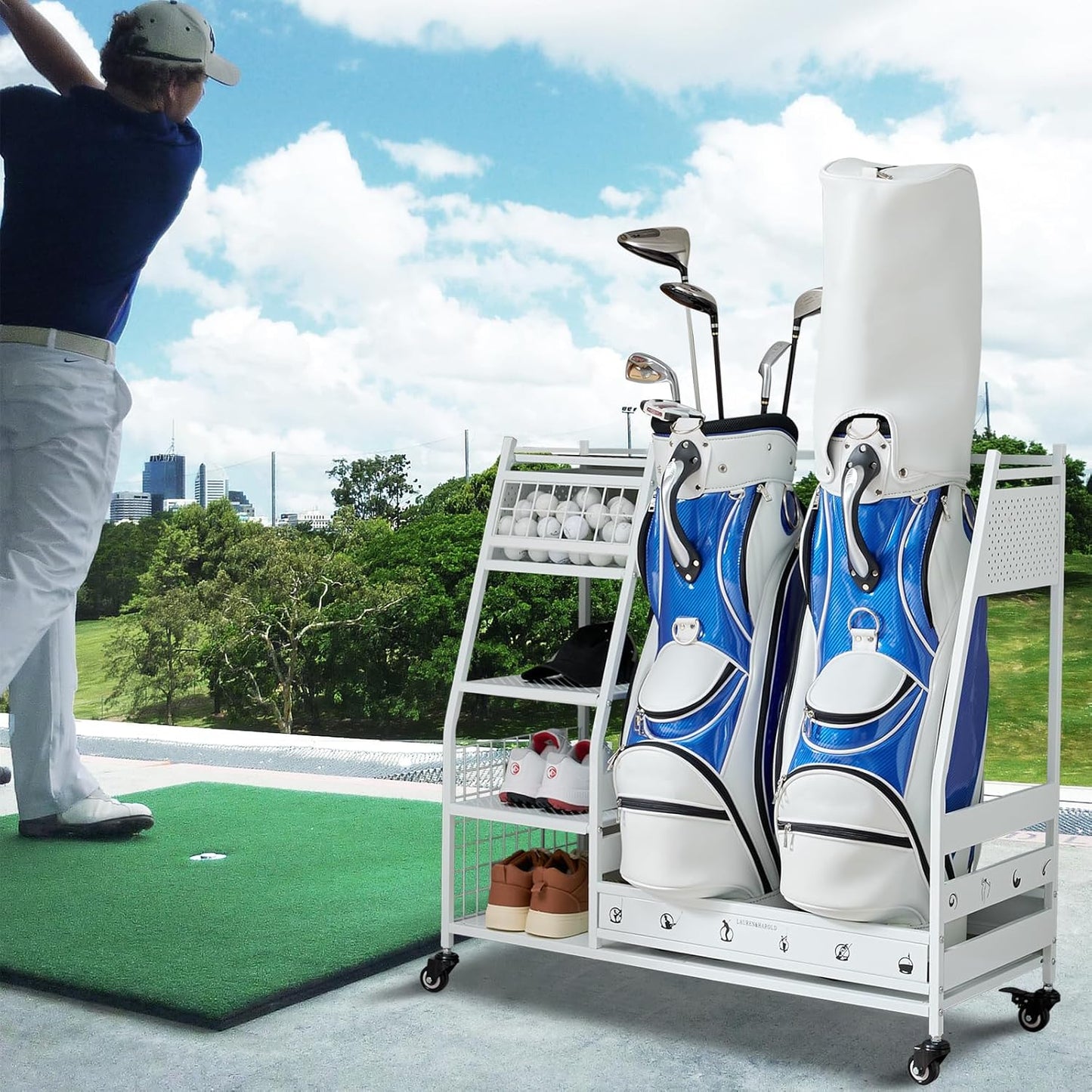 Lauren&Harold Golf Bag Organizer Garage Storage, Golf Storage Rack Stand Fits 2 Golf Bags, Golf Clubs and Other Golfing Equipment Accessories, Golf Organizer for Garage, Club, Shed, Basement