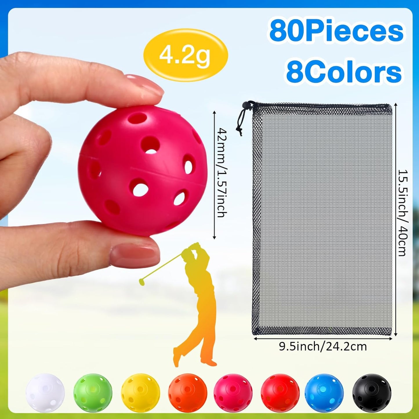 80 Pack Practice Golf Balls Limited Flight 42 mm Golf Training Airflow Hollow Plastic Ball for Women Men Indoor Outdoor Driving Range Swing Practice Home