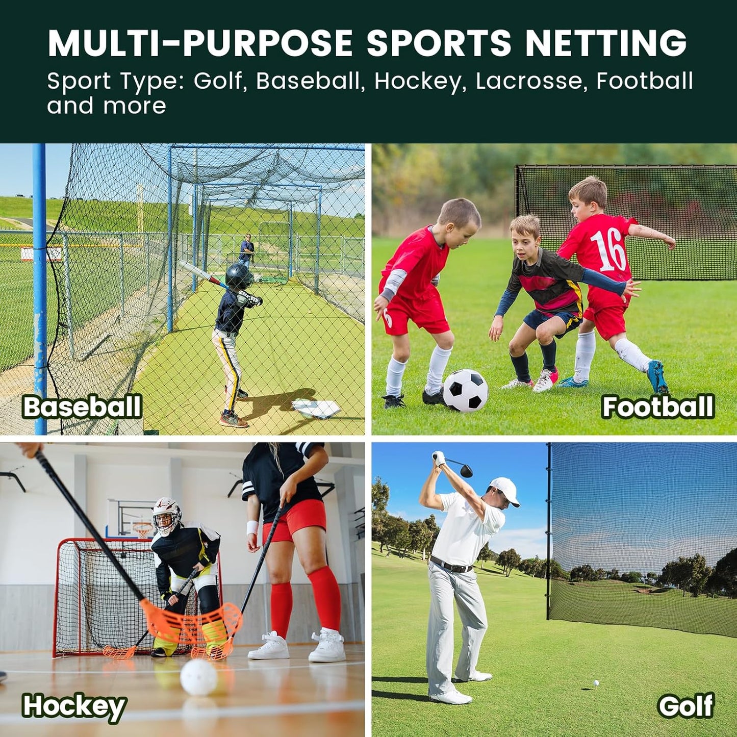 Sports Netting,Golf Practice Net Hitting Net with 33Feet Nylon Rope Also for Baseball, Hockey, Soccer, LAX and More - 10x10ft/10x15ft/10x20ft/10x25ft/10x30ft/10x40ft/10x55ft