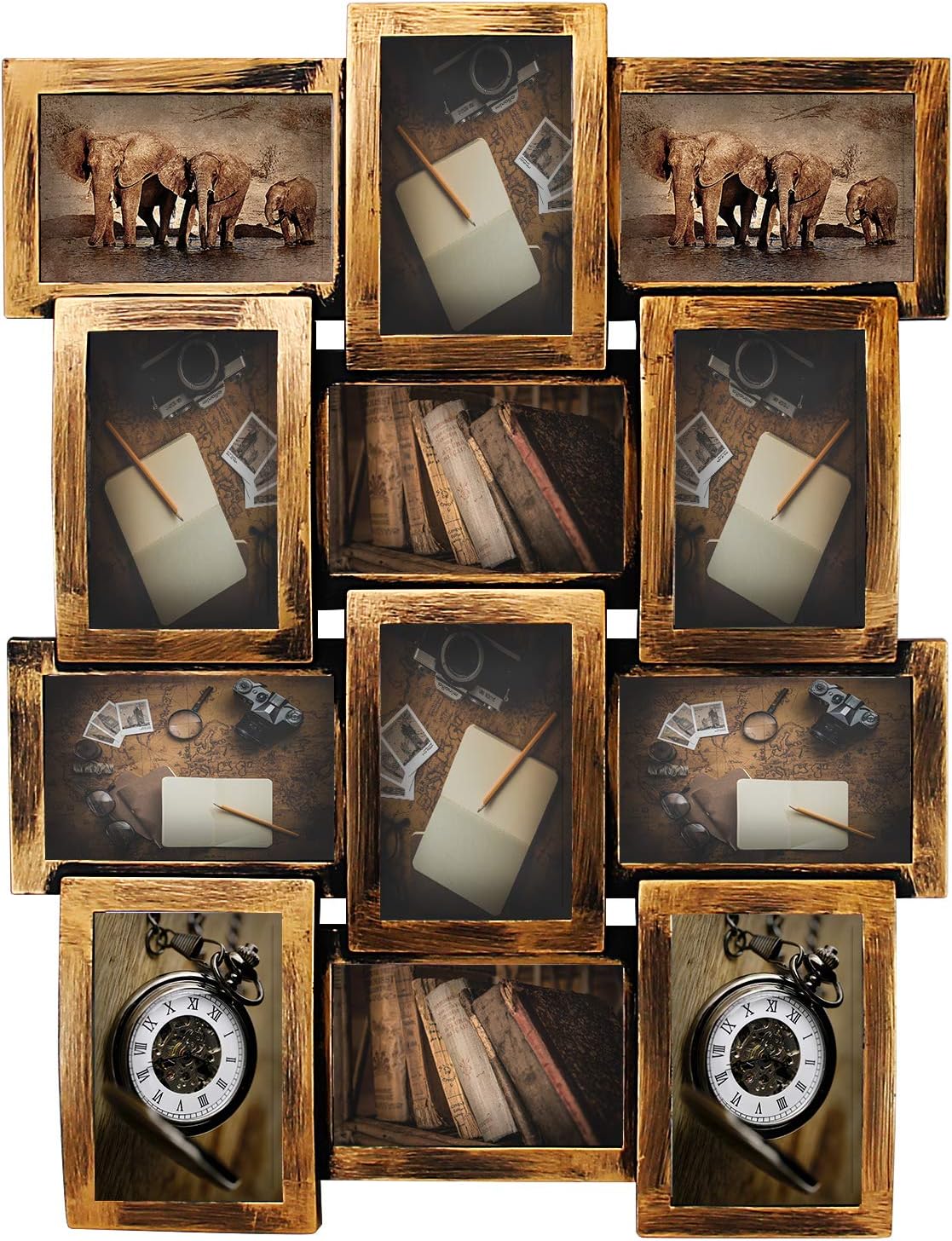 Jerry & Maggie 12 Opening Collage Photo Frame Rustic 23×18 Retro Bronze Finish PVC Picture Frames Selfie Gallery Collage Wall Hanging For 6×4 Photo, Golden