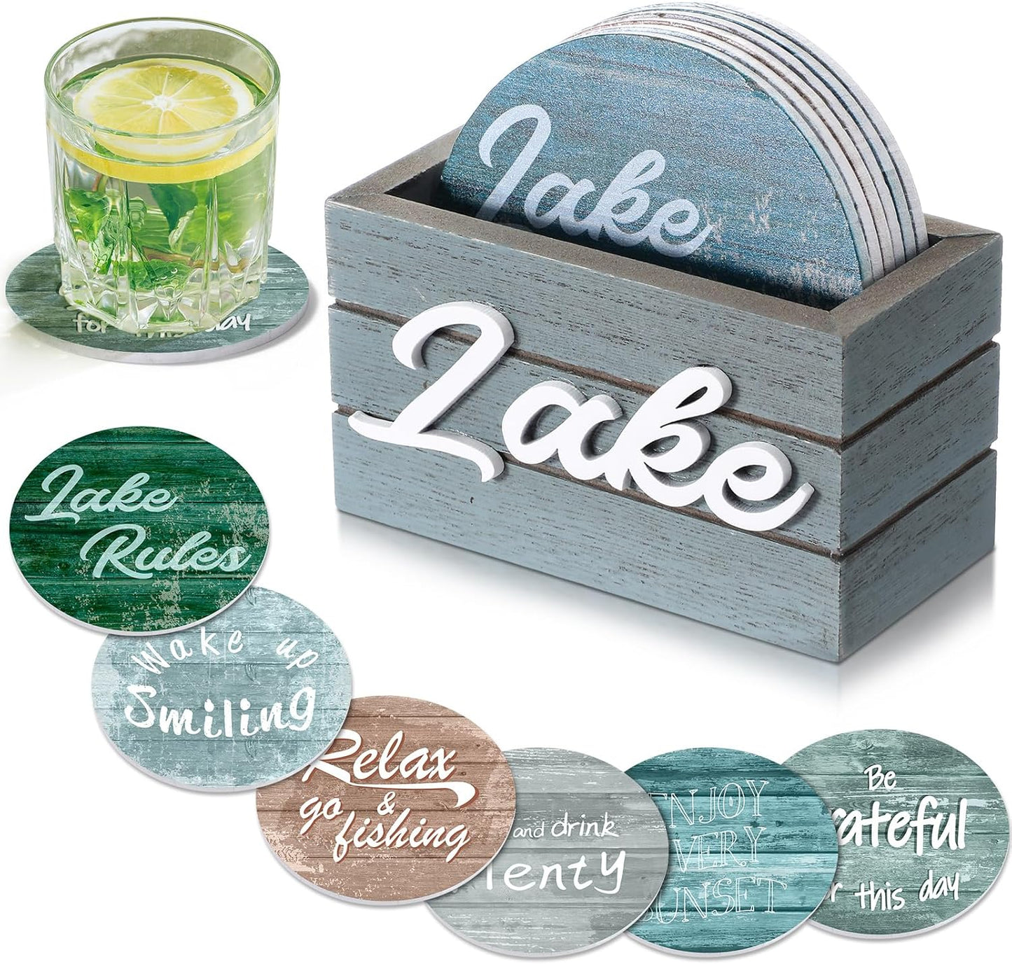 Queekay 6 Set Lake Theme Coasters with Holder for Drinks, Lake Lovers House Gifts, 4'' Wooden Coasters with Sayings Housewarming Gifts for Home Bar Coffee Table Decorations(Blue Color)