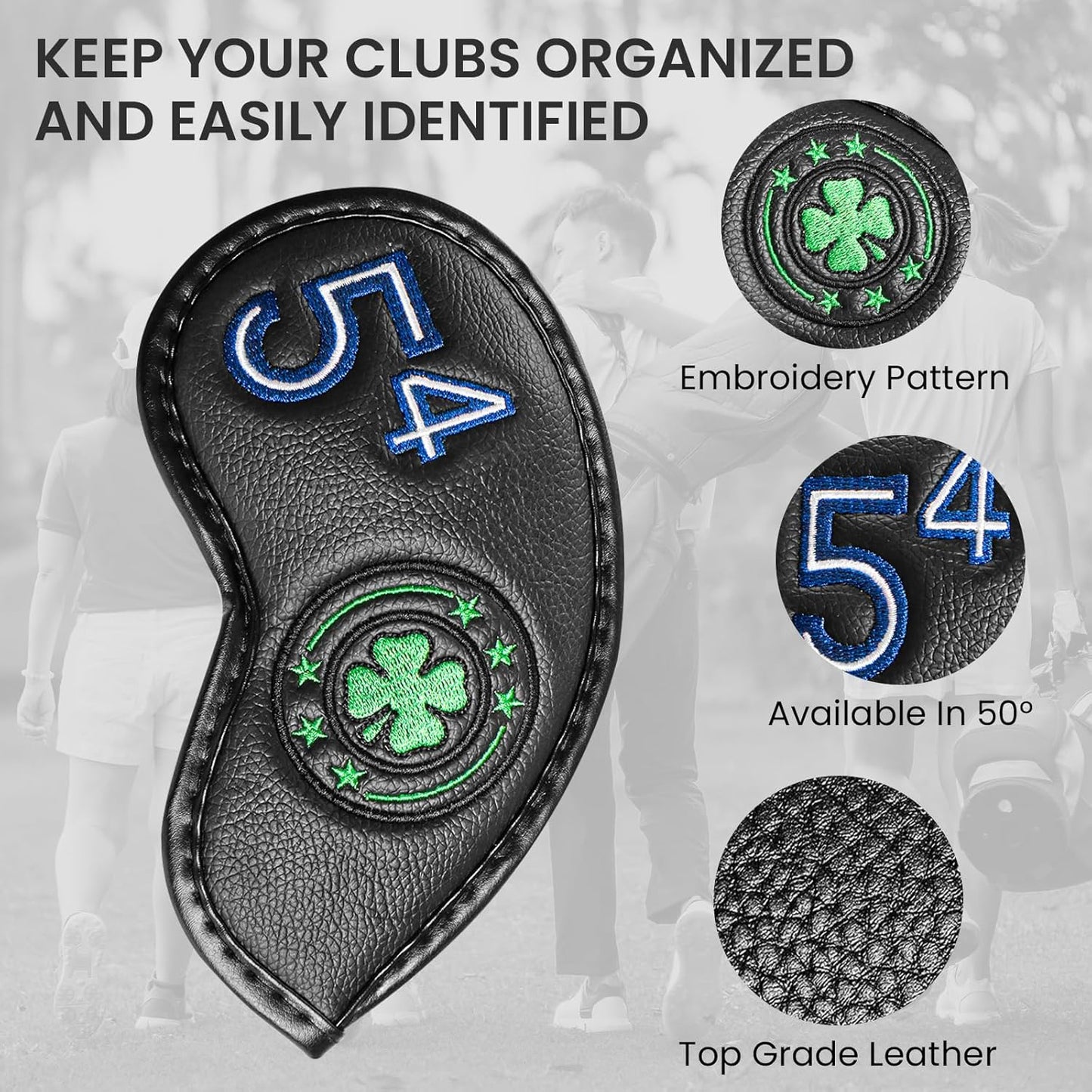 Golf Iron Wedge Head Covers 52° 54° 56° 60° 1 or 4 Pack, Synthetic Leather Clover USA Flag Design Club Head Protection, Universal Headcover Fit Iron Clubs for Men Women