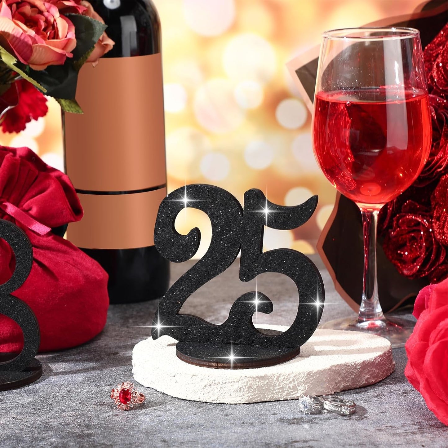 Glitter Table Numbers 1-25 Wooden Table Numbers for Wedding Reception Standing Seat Place Cards with Holder Base for Wedding Party Event Catering Receptions Banquets(Black)