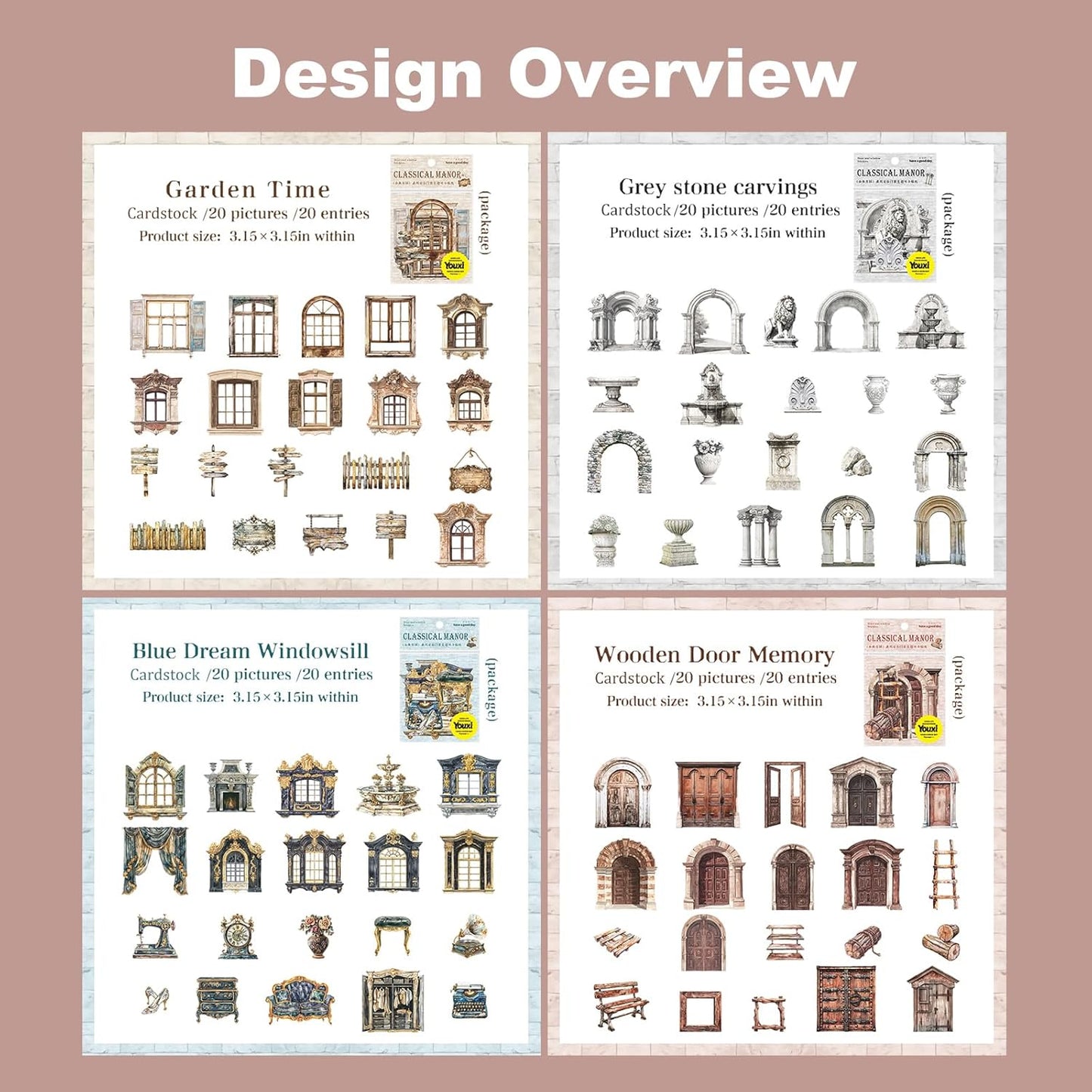 Retro Door and Window Cardstock Stickers, 80PCS Vintage Manor Ephemera for Scrapbooking, Journaling, DIY Crafts, and Planner Supplies