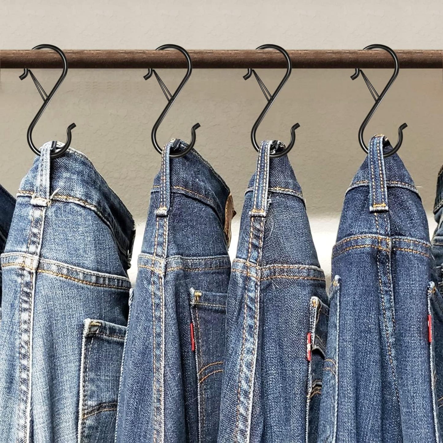 16 Pack Heavy Duty S Hooks with Safety Buckle - S Shaped Hooks for Hanging Plants, Clothes, Kitchen Utensils, Bags (Black)