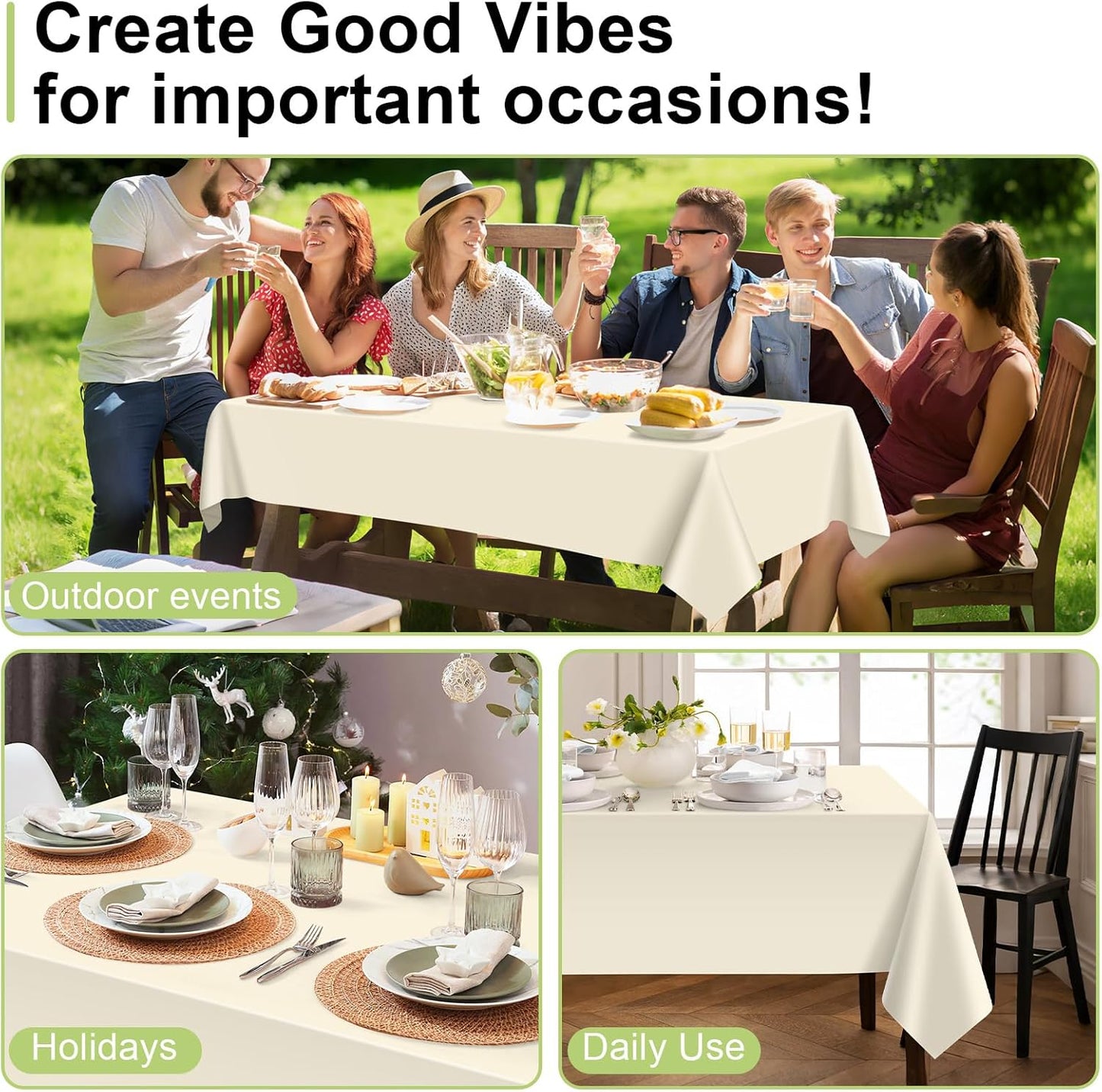 QIKSION Plastic Table Cloth Disposable 2 Pack, 54 x 108 Inch Tablecloths for Rectangle Tables, Ivory Plastic Table Cover