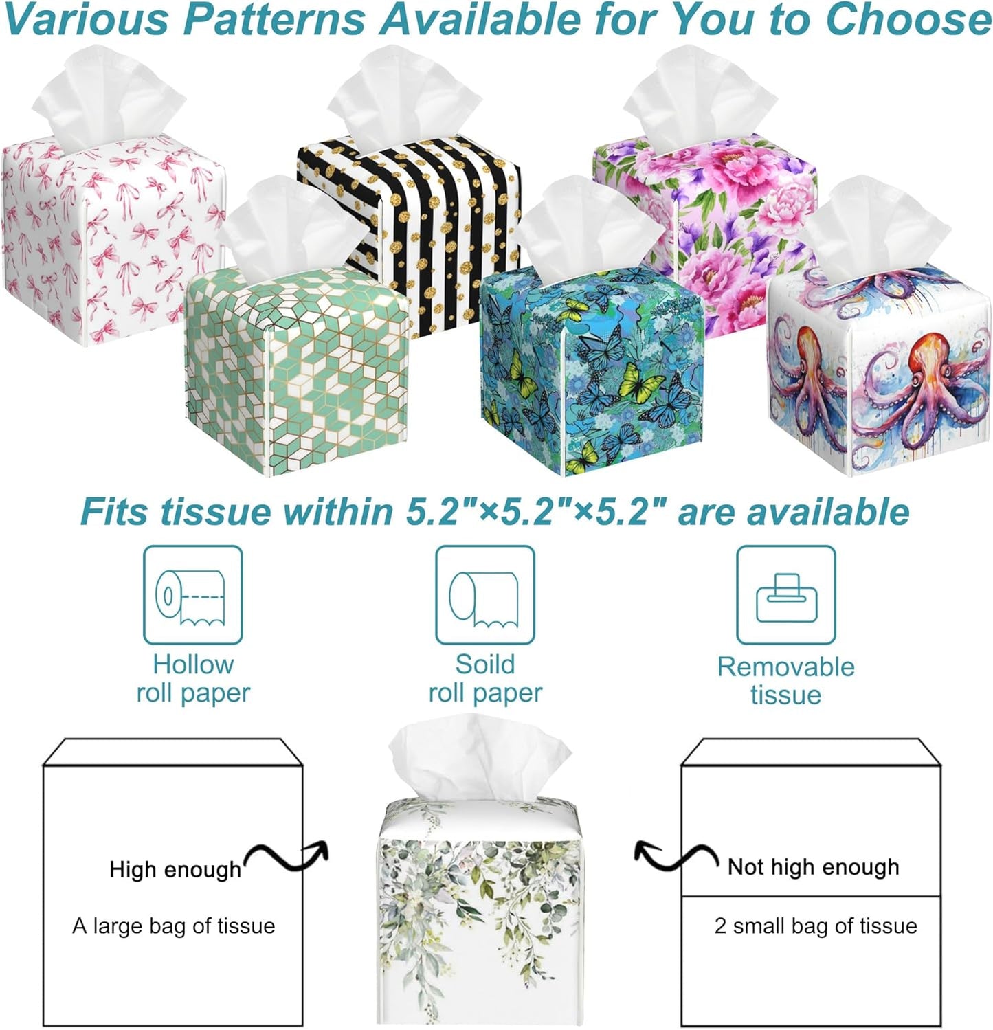 Watercolor Floral Leaves Tissue Box Holder,Square Leather Tissue Box Cover with Bottom Belt,Waterproof Modern Napkin Holder Organizer for Car Bathroom Nightstand Vanity Tabletop,5.2" x 5.2" x 5.2"