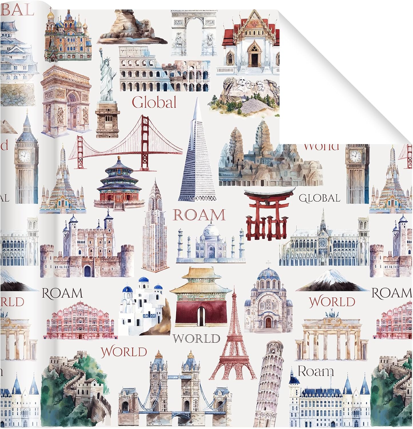 Pineraap World Landmark Wrapping Paper Roll - 17Inch x16.4Feet - Eiffel Tower,Big Ben,Statue of Liberty Themed Watercolor Gift Wrap for Travel Enthusiasts,Holidays,Birthdays