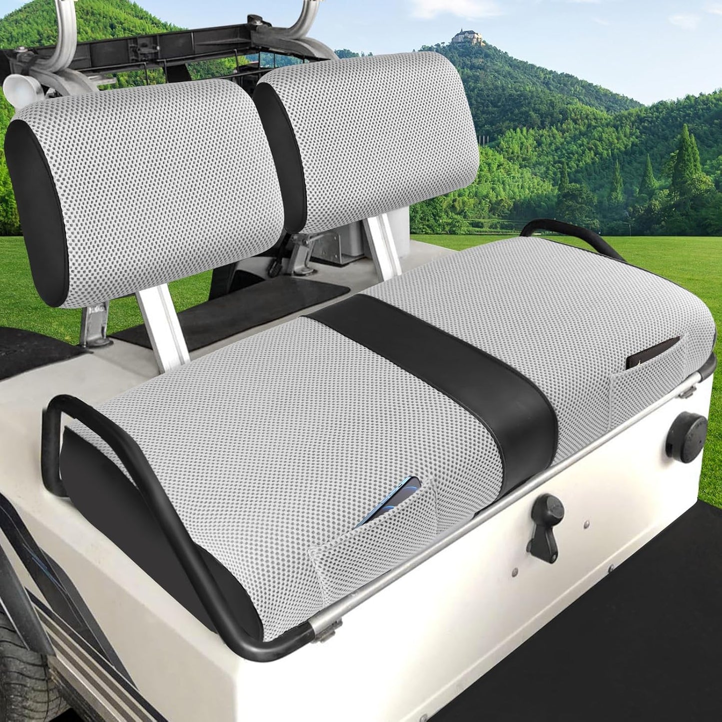 iLSKW Golf Cart Seat Covers for Club Car DS Pre-2000 Seat Cover OEM Front,Breathable Fabric and Leather Front Seat Cover,Full Wrap-Around Design of Club Car DS 1982-2000 Golf Cart Front Seat Cover