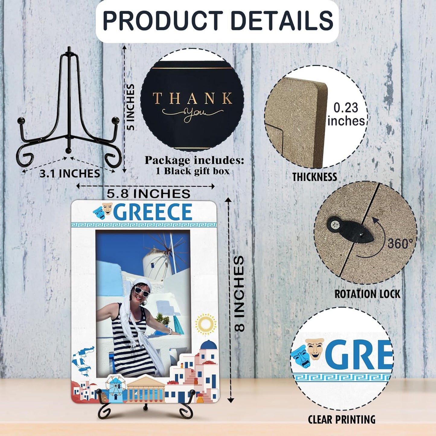 Greece Travel Picture Frame, 5 x 8 Greece Themed Wooden Photo Frame with Stand, Vacation Anniversary Honeymoon Gifts For Friend Family Couples, Home Office Desk Decorations-A21