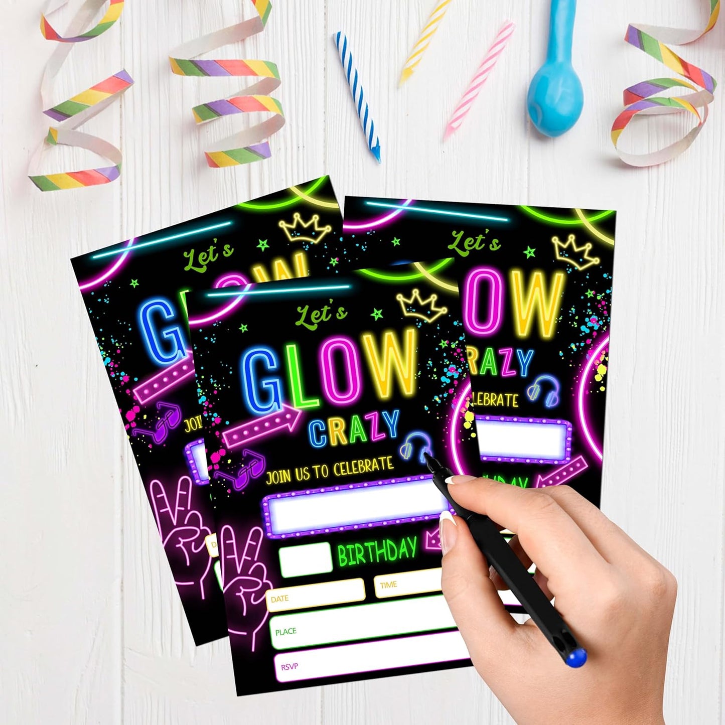 Let's Glow Crazy Birthday Invitations, 20 Invitation Cards with Envelopes, Retro Neon Theme Invites for Party Decorations Favor Supplies - A27