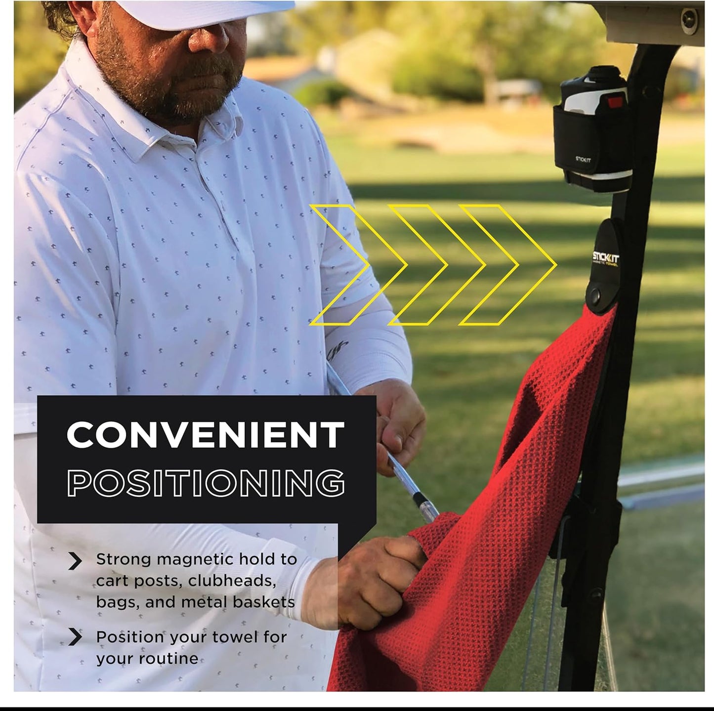 STICKIT Magnetic Golf Towel, Red, Premium 29" Microfiber with Deep Waffle Pockets, Industrial Strength Magnet for Secure Hold to Golf Carts & Clubs, Ultra-Absorbent, Fast-Drying, Easy-Clean Design