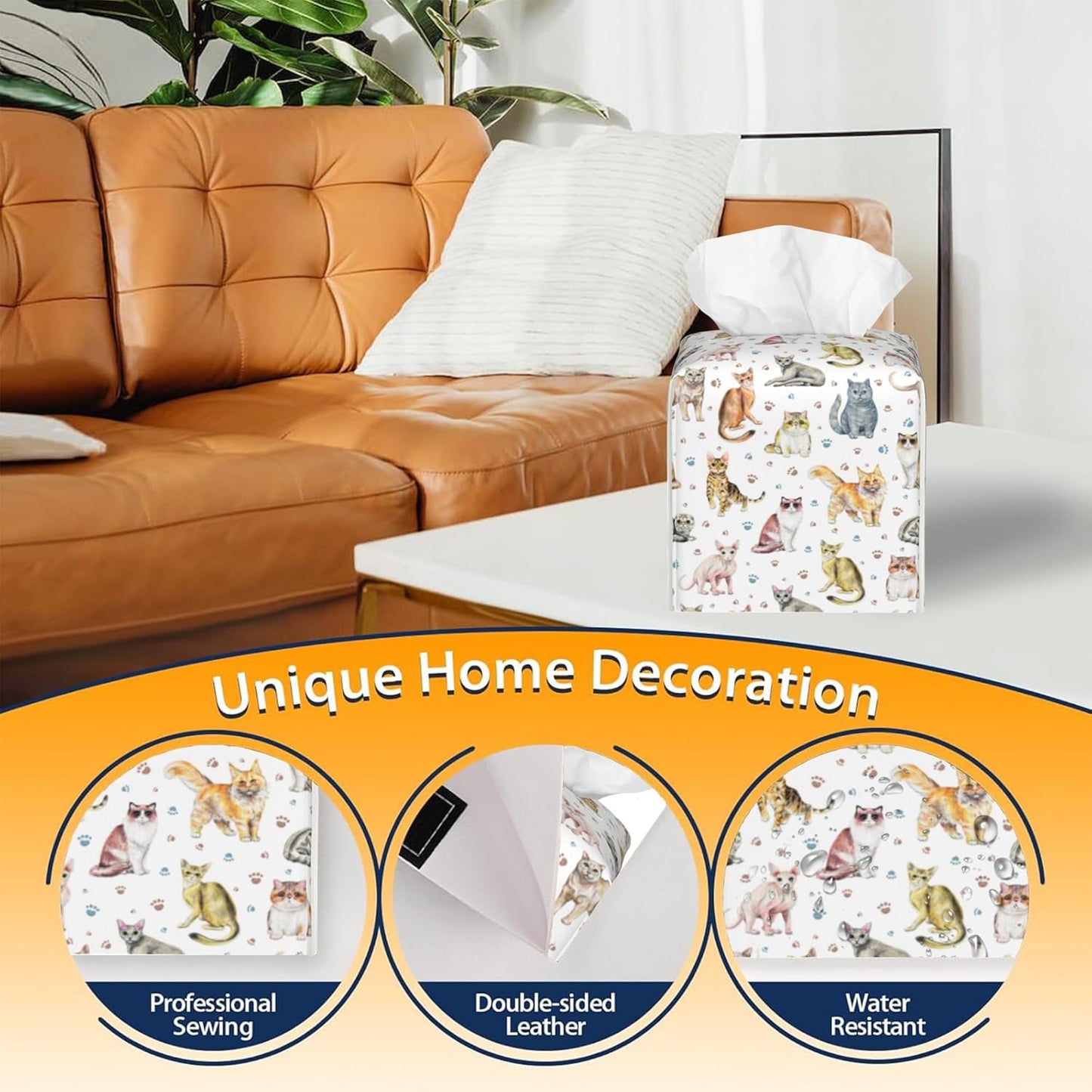 Tissue Box Cover Square,Cute Cats and Paw Tissue Box Holder Waterproof Leather Facial Paper Case Modern Home Decoration for Bedroom Dresser Night Stand Office Desk