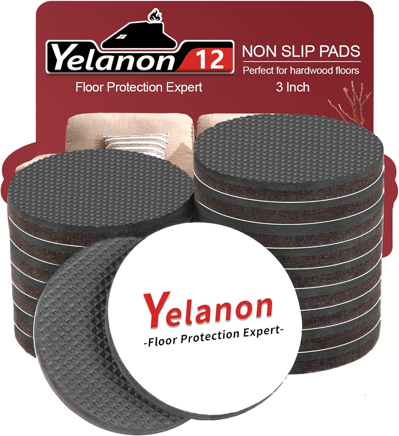 Yelanon Non Slip Furniture Pads -12pcs 3’’ Furniture Grippers, Non Skid for Furniture Legs,Self Adhesive Rubber Feet Furniture Feet, Anti Slide Hardwood Floors Protectors for Keep Couch Stoppers