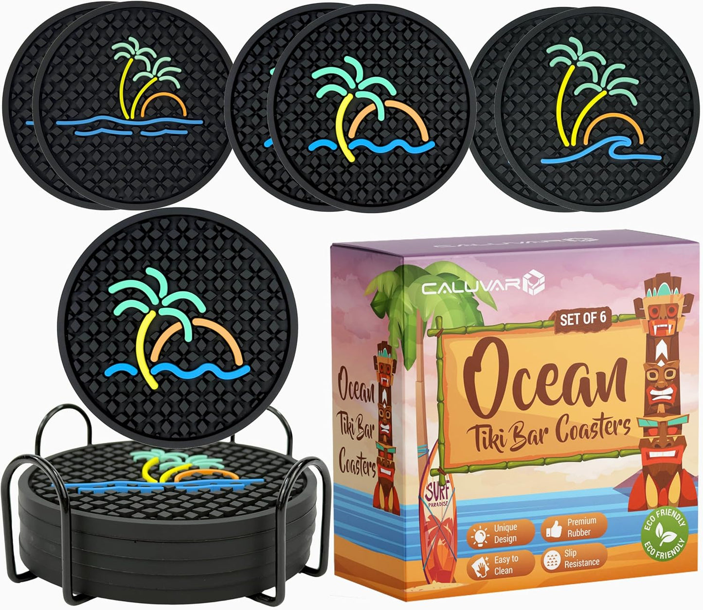 Tiki Bar Ocean Beach Coasters Set of 6 with Holder, Tiki Bar Decor Silicone Nautical Coasters, Hawaiian and Luau Decorations, Beach Theme Coastal Decor, Tropical Chill and Surf Waves Styles