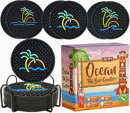 Tiki Bar Ocean Beach Coasters Set of 6 with Holder, Tiki Bar Decor Silicone Nautical Coasters, Hawaiian and Luau Decorations, Beach Theme Coastal Decor, Tropical Chill and Surf Waves Styles