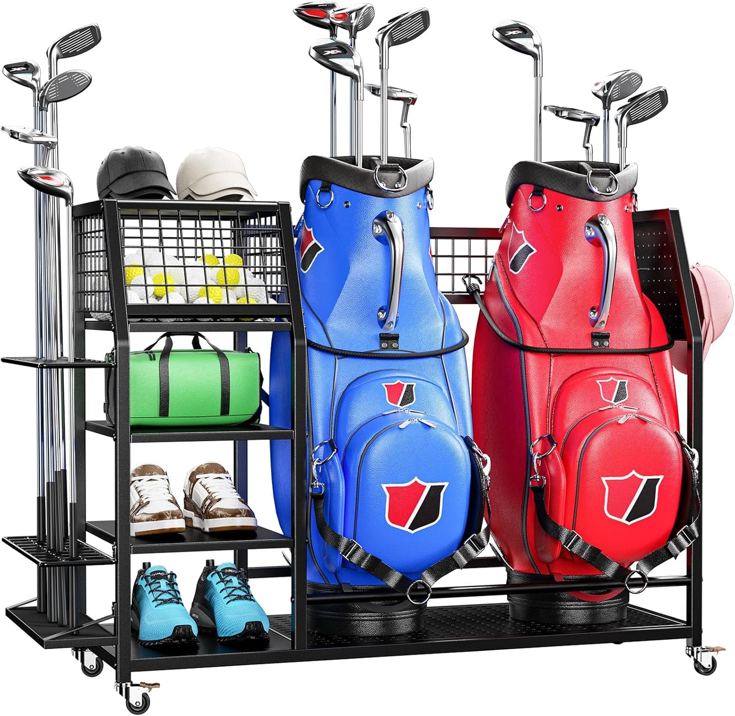 43.3“W Golf Bag Organizer with Wheels, Holds 2 Bags & 27 Clubs, Heavy Duty Thick Frame Garage Storage Rack Cart, High Load Capacity Golf Accessories Stand Holder, Ideal for Garage, Club, Shed