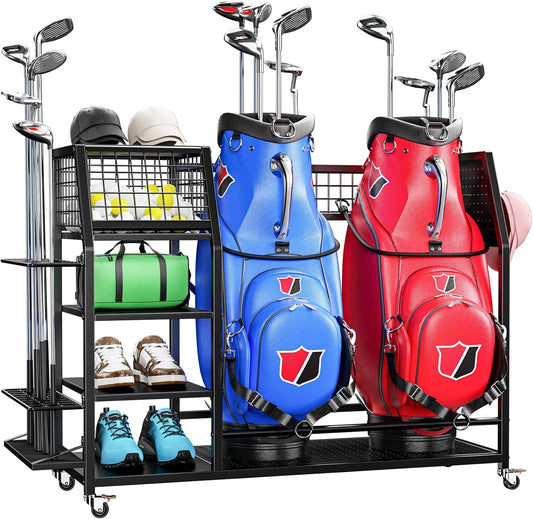 43.3“W Golf Bag Organizer with Wheels, Holds 2 Bags & 27 Clubs, Heavy Duty Thick Frame Garage Storage Rack Cart, High Load Capacity Golf Accessories Stand Holder, Ideal for Garage, Club, Shed