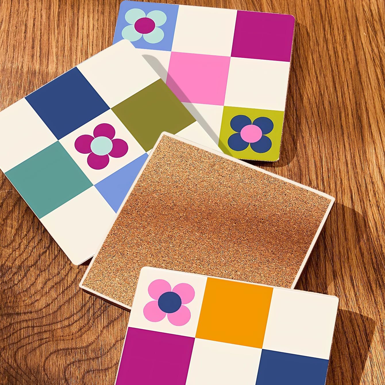 MAYCARI Contrasting Color Cartoon Flower Coasters Set of 6 Cork Backed Checkered Flower Coasters with Metal Holder Ceramic Surface Drink Cup Mats for Tabletop Protection Desk Decoration Birthday Gifts