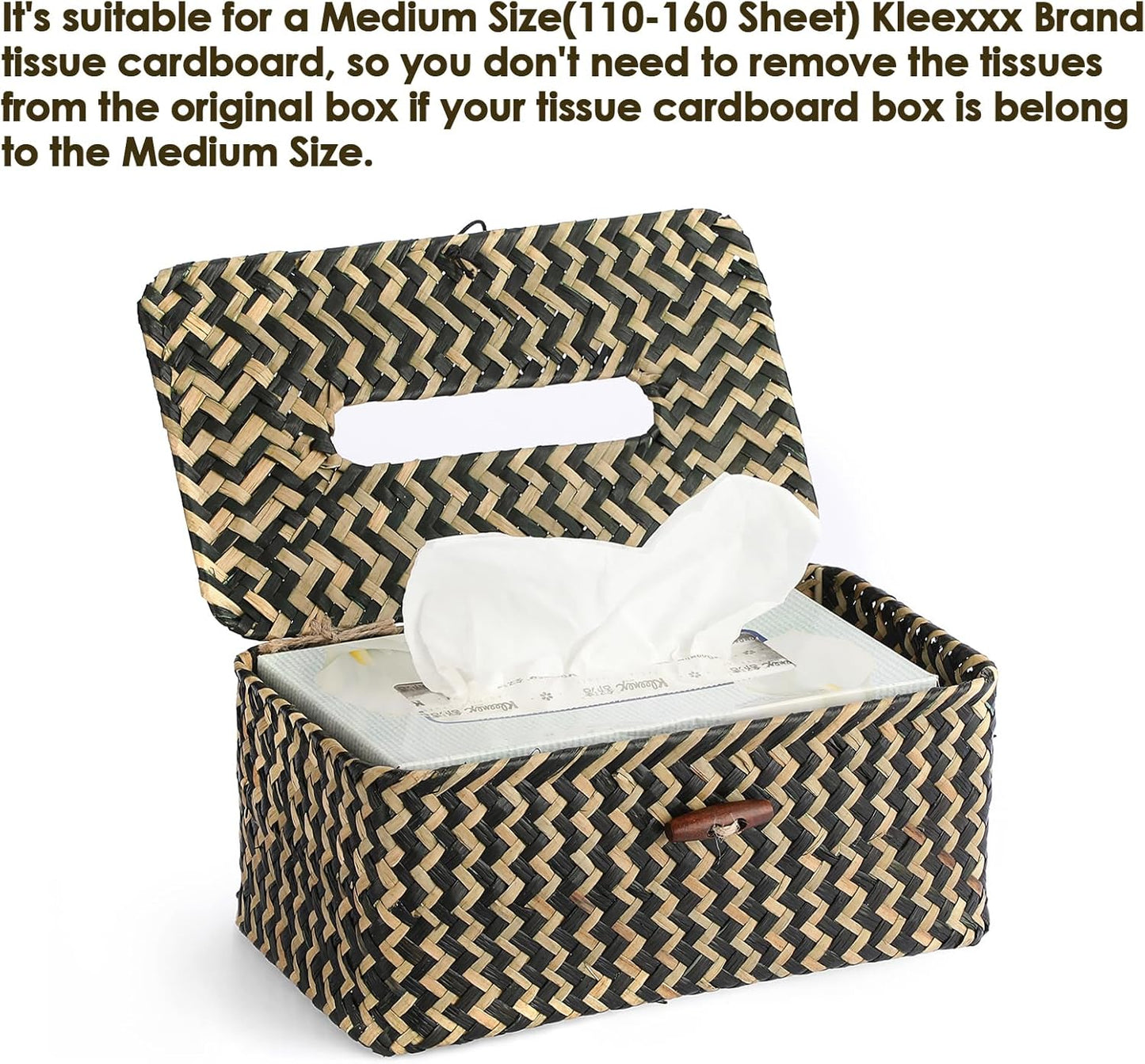 Sumnacon Tissue Box Cover Rectangle Tissue Box Seagrass Tissue Box Holder Woven Tissue Holder Decorative Tissue Cover for Bathroom Tissue Box Cover Rectangular for Home Office Table,Mixed Black