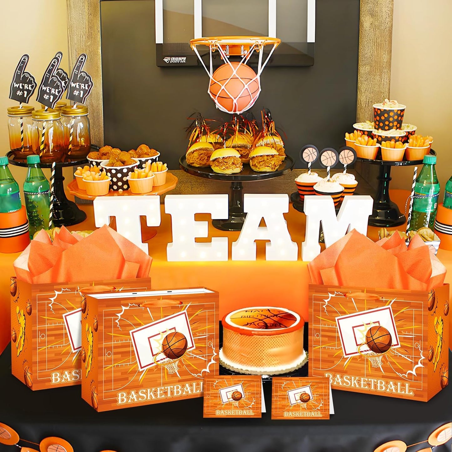 Basketball Party Gift Bag, Basketball Gift Wrap Bag with Tissue Paper and Card Decorations for Sport Party Favor Basketball Birthday Goodie Gifts Treat Candy Wrapping Bags for Kids Adult Team Supplies