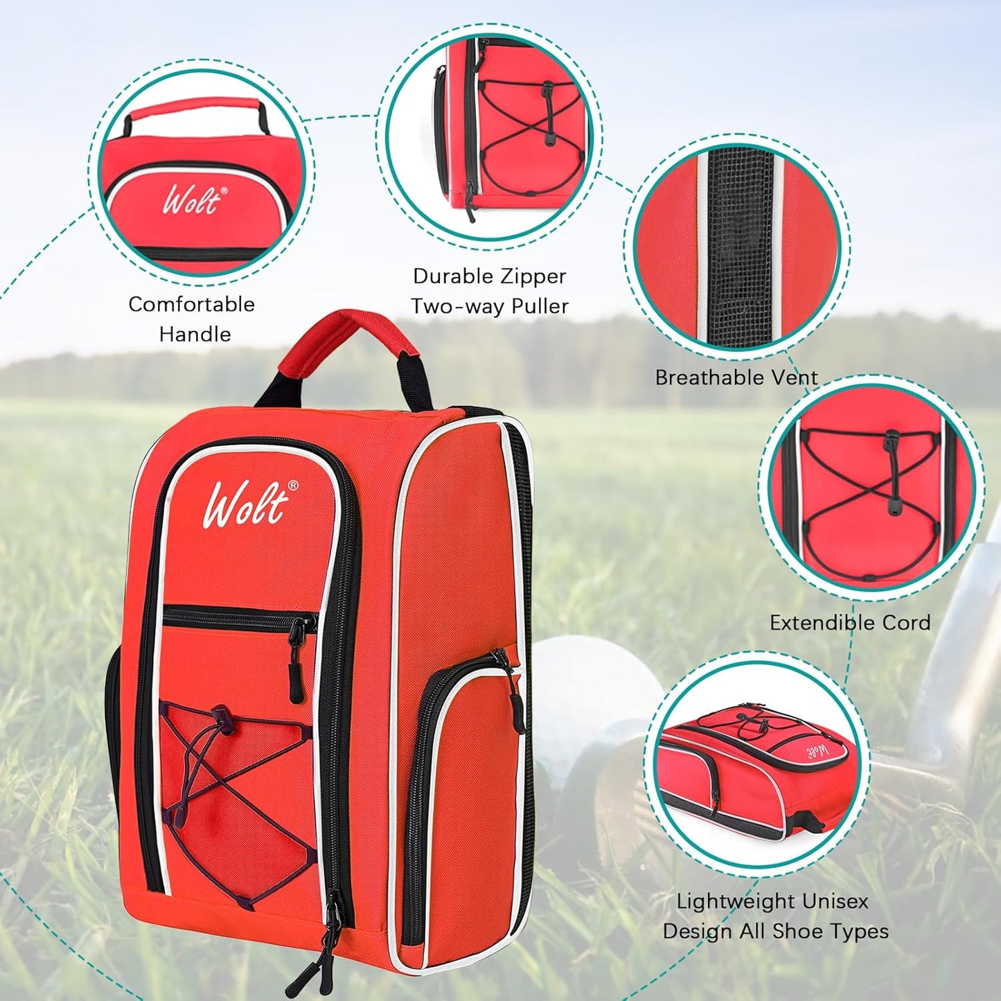 Wolt Golf Shoe Bag - Sports & Travel Shoes Carrier Bags with Ventilation & Double Outside Accessory Pocket for Socks, Tees, Golf Balls, etc. for women and men (Red)