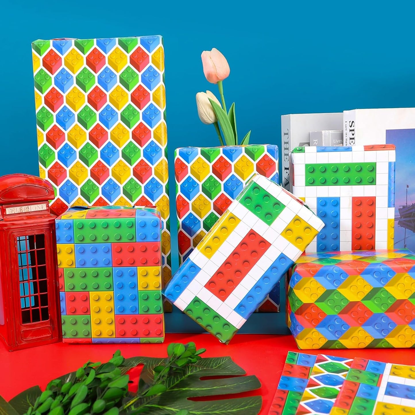 Dtiafu Building Blocks Wrapping Paper - Birthday Wrapping Paper for Boys Girls Kids - 4 Style 8 Sheet Funny Gift Wrap - 20 X 28 Inch Per Sheet(Not Rolled)