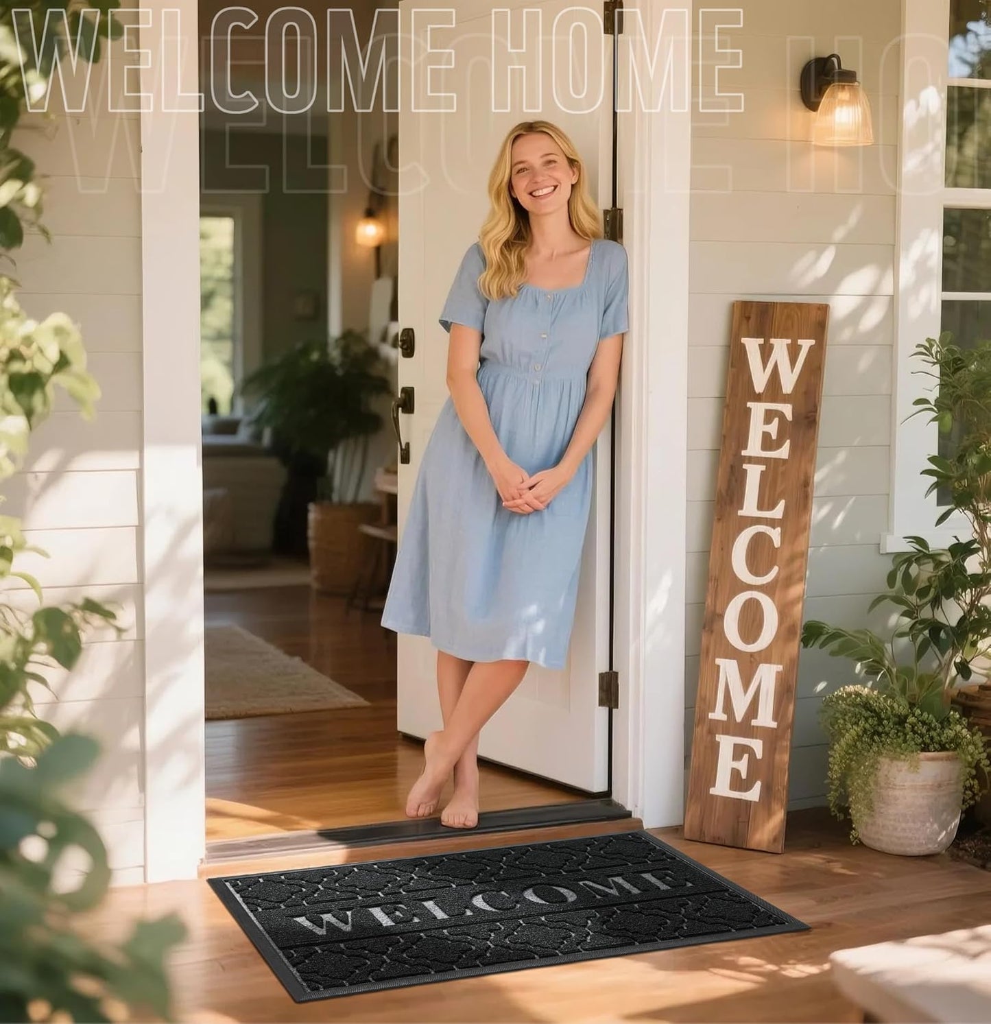 Yimobra Welcome Mat Outdoor Indoor, All-Season Waterproof Front Door Mat Outside Entrance, All-Weather Heavy Duty Non-Slip Doormat, Low Profile Porch Patio Entrance Mats, 36x24, Black