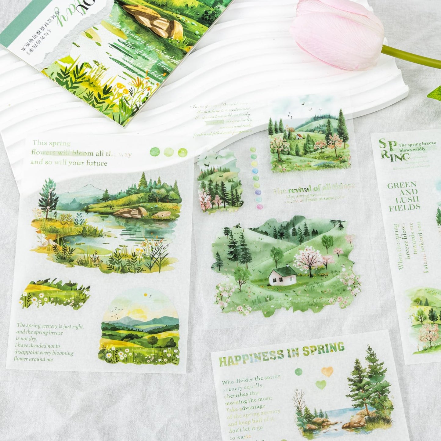 Pre-Cut Seasons Sticker Book Set, 40PCS Spring and Summer PET & Washi Stickers for Scrapbooking, Journaling, DIY Crafts, and Art Supplies