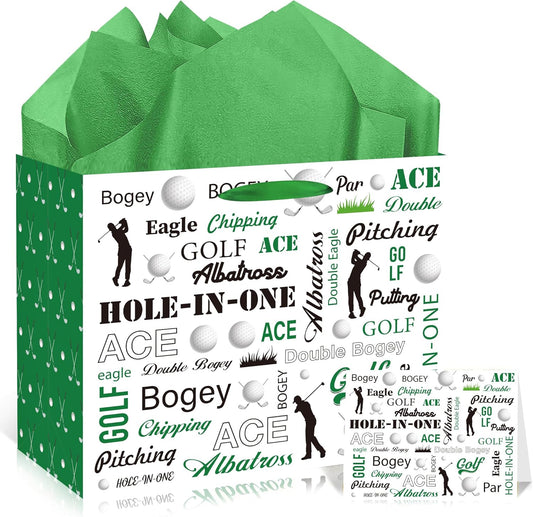 EoBeCy Golf Gift Bag with Handles, Tissue Paper and Greeting Card, Green Golf Wrapping Paper for Men Boys Kids Sports Themed Birthday Party Favors Supplies Decorations