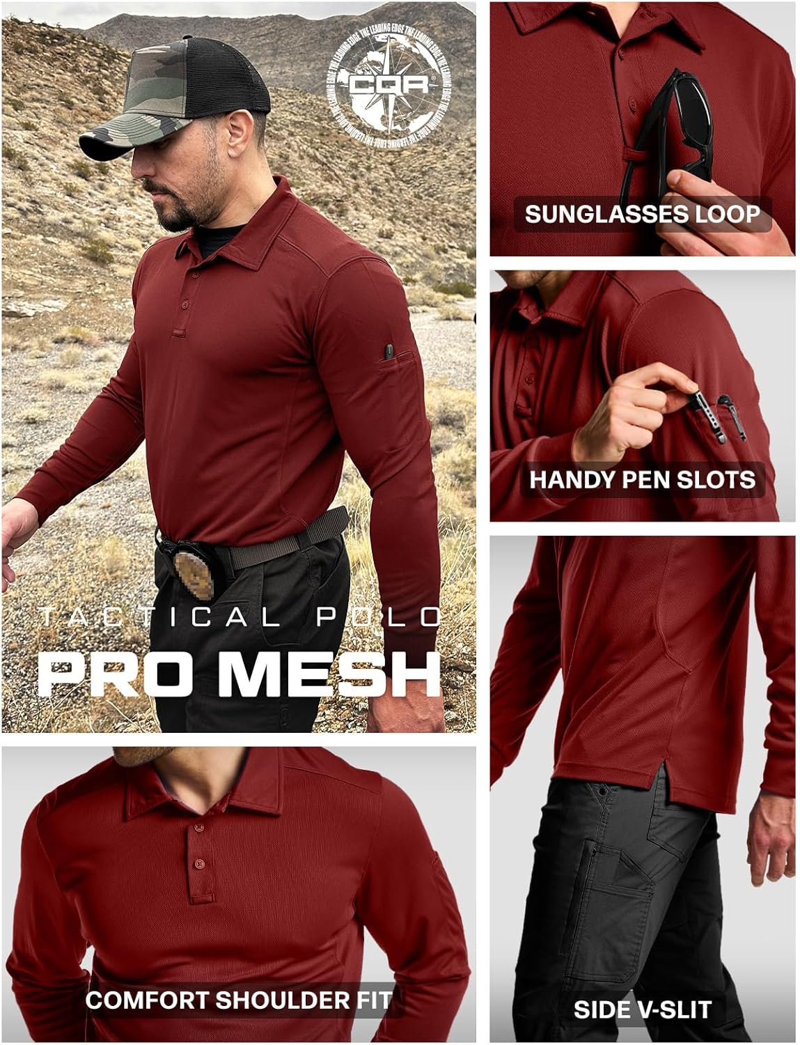 CQR Men's Polo Shirt, Long Sleeve Tactical Shirts, Outdoor UPF 50+ Pique Shirt, Dry Fit Lightweight Golf Shirts