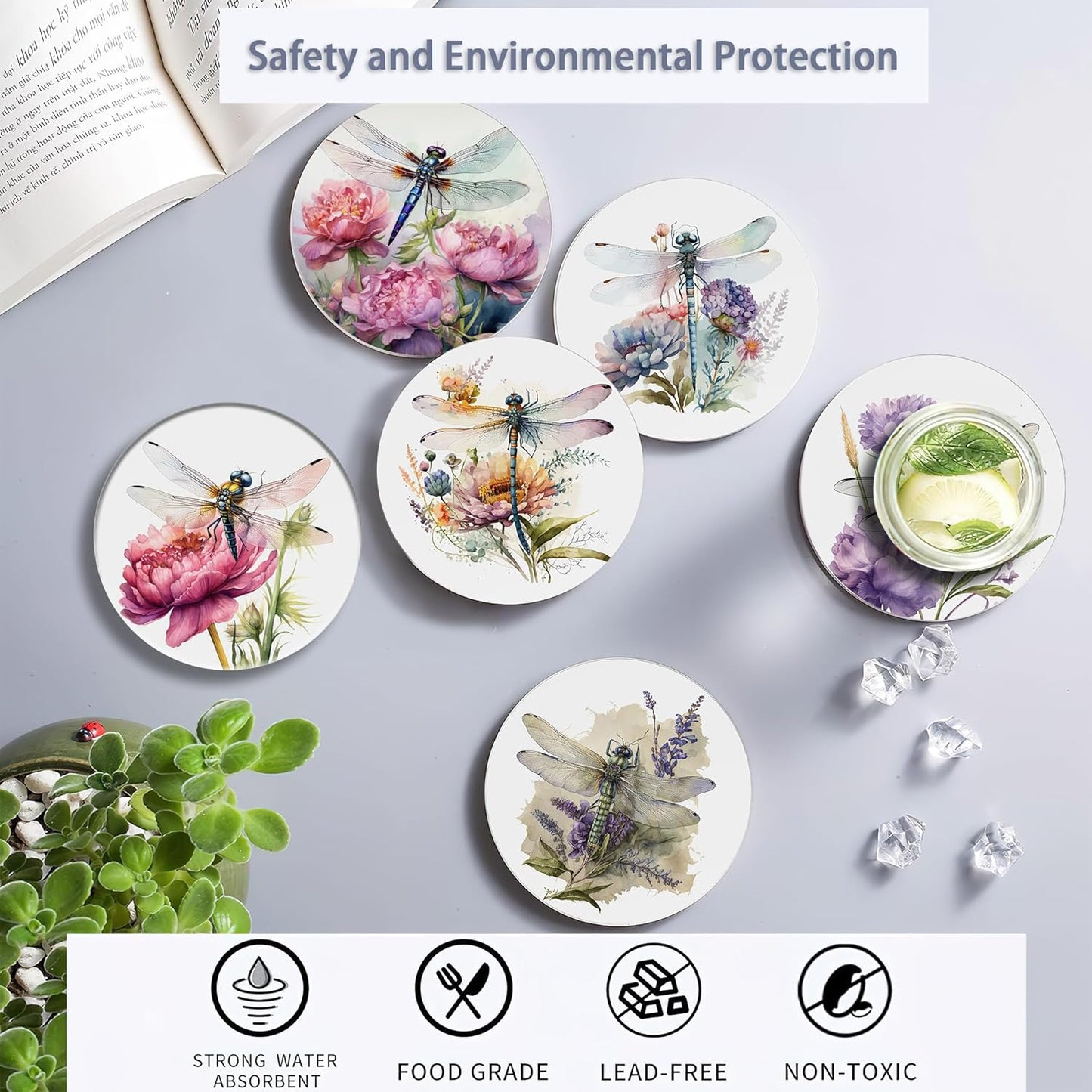 Coaster for Drinks Set of 6, Dragonfly Flower Absorbing Round Ceramic Stone Coaster with Cork Base,Tabletop Protection Mat for Mugs and Cups,Coffee Table Wine Glass Home Bar 4 Inch