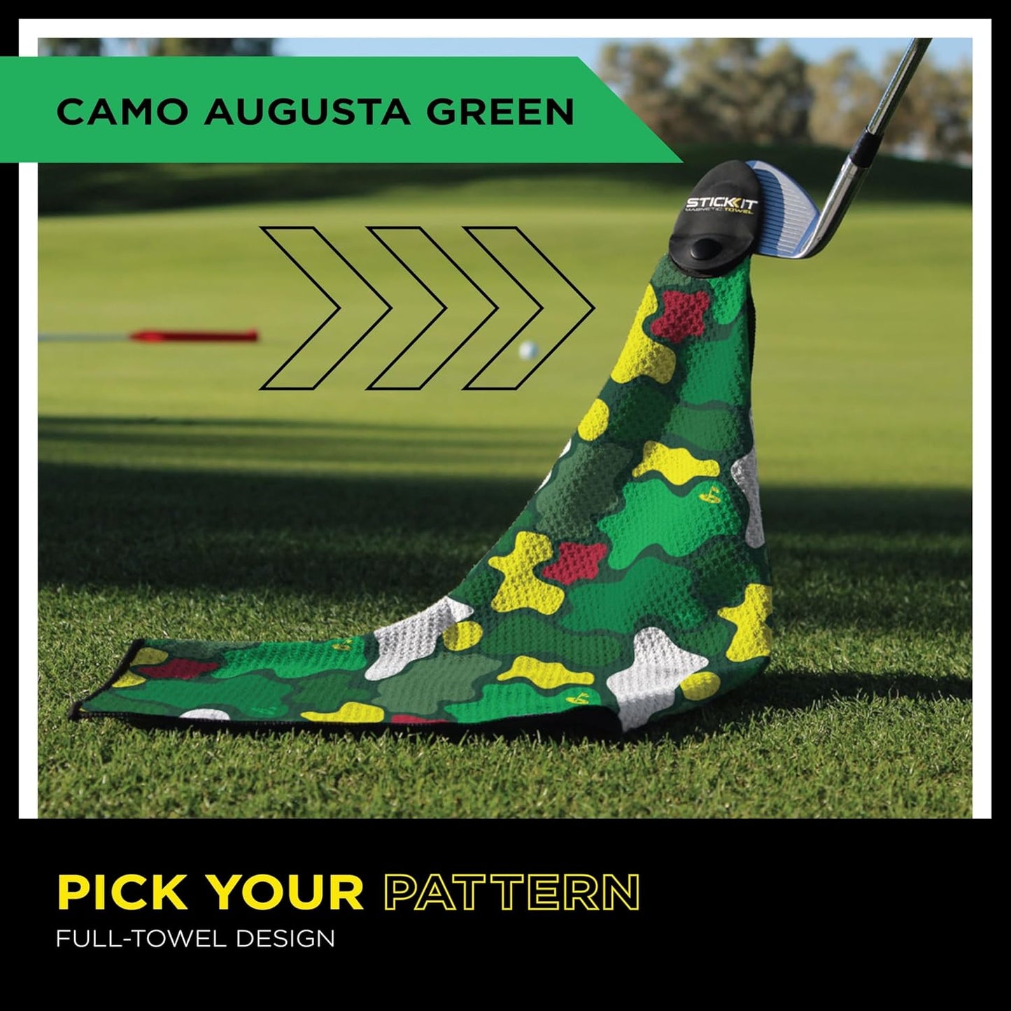STICKIT Magnetic Golf Towel, Camo Augusta Green | Top-Tier Microfiber Golf Towel with Deep Waffle Pockets | Industrial Strength Magnet for Strong Hold to Golf Carts or Clubs | Golf Greens Camo