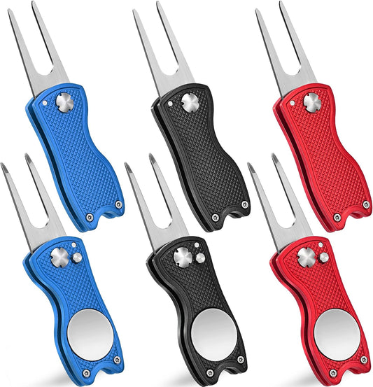 Mile High Life Golf Divot Repair Tool, All Metal Foldable Divot Tool with Pop-up Button & Magnetic Ball Marker, 2-6 Pack