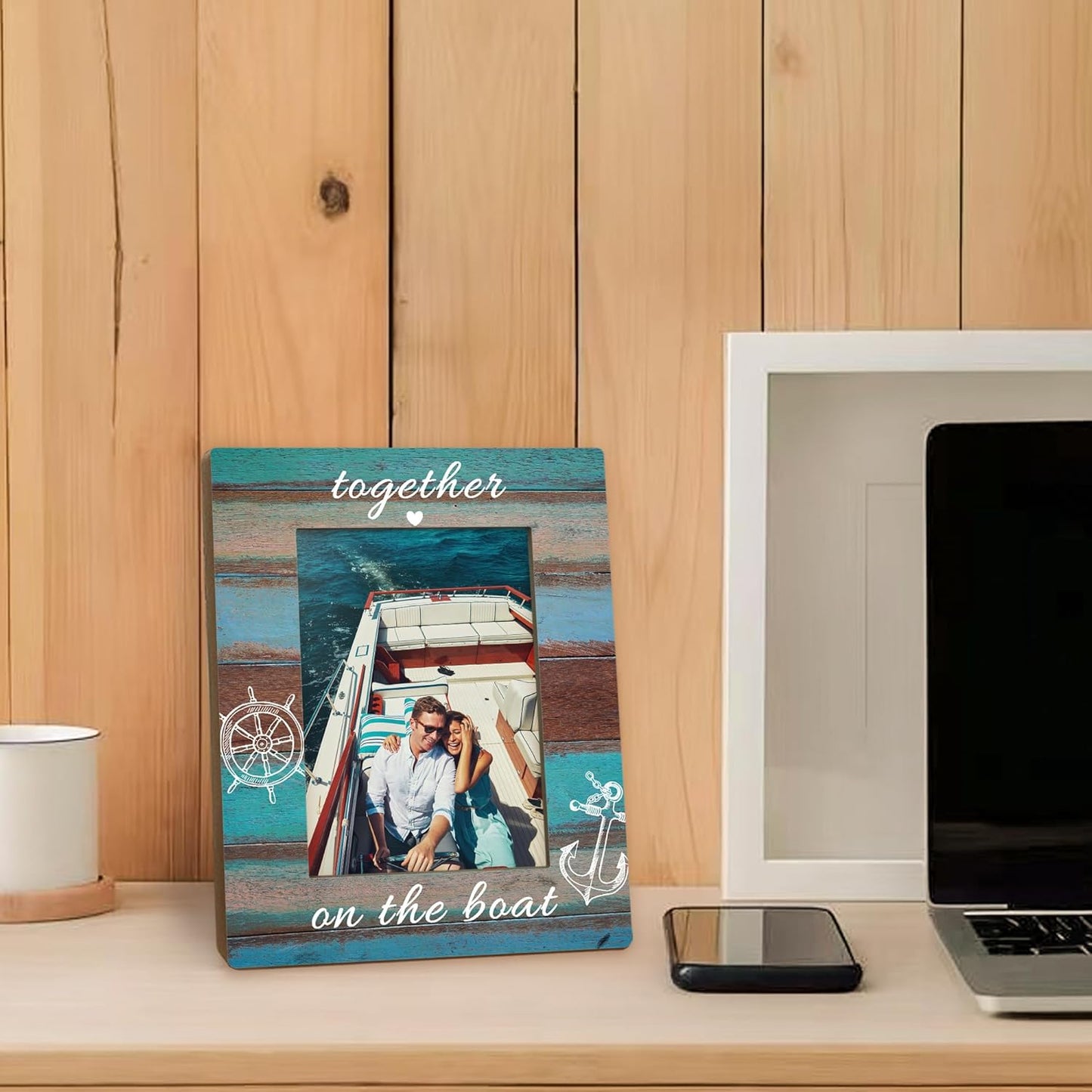 Boat Gifts Picture Frame 5x7, Couples Boating Photo Frame, Boating Gifts for BoatOwner Couples Friends, Together on the Boat Nautical Wooden Picture Photo Frames for Desk Home Room Decor