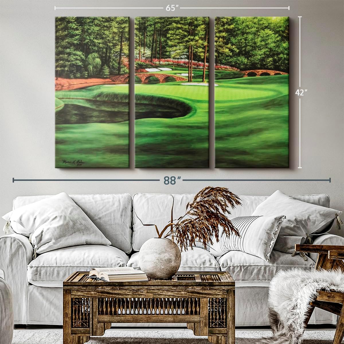 ElephantStock Augusta National 11th Hole I Wall Art - Horizontal Canvas - 3-Piece Living Room Wall Decor - Painting Sports Canvas Print - Green and Brown Decor for Wall by Marci Rule - 65" X 42"
