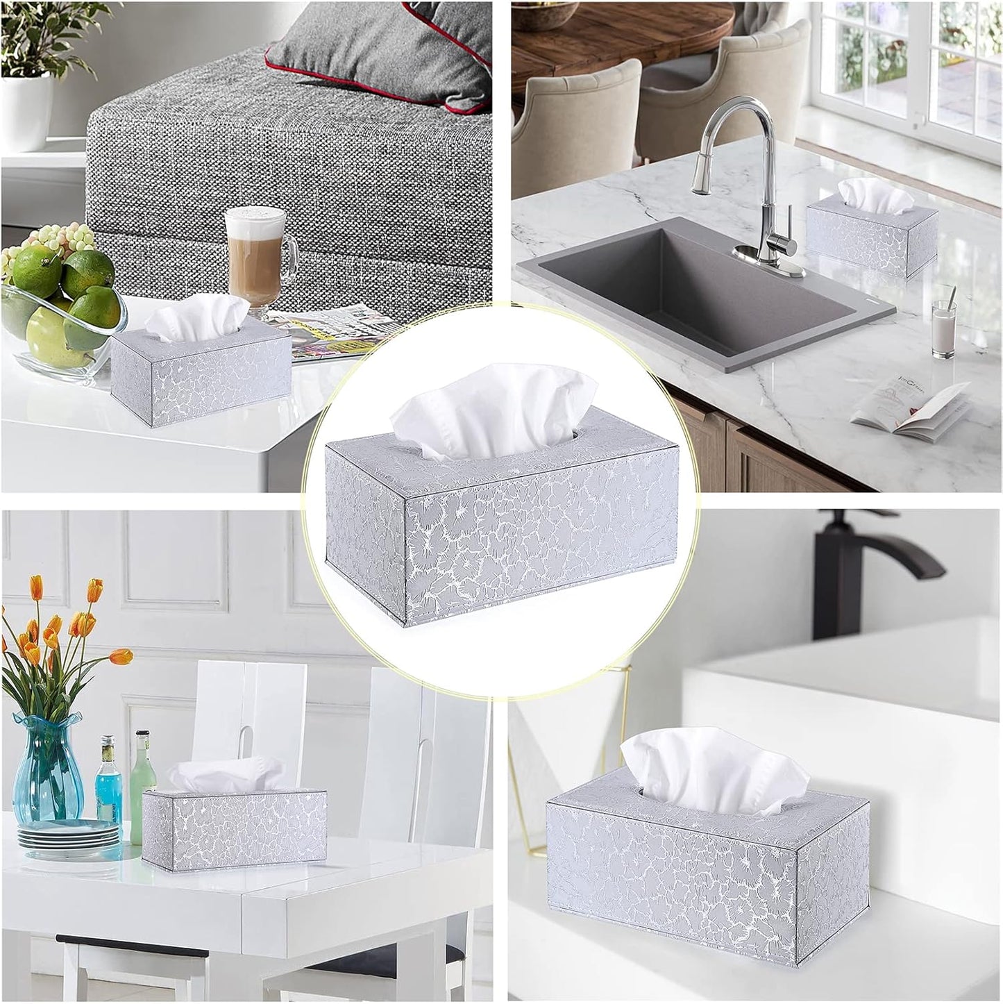 Sumnacon Rectangular Leather Tissue Box Cover - Stylish Tissue Box Holder with Magnetic Bottom, Decorative PU Tissue Box for Vanity Dresser Night Stand Table Countertop Home Office Car, Silver