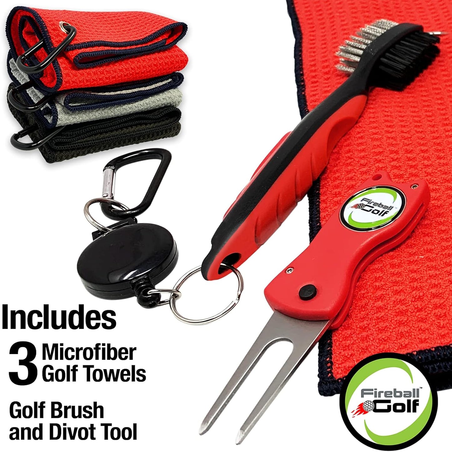 Towel Gifts and Accessories Set (Many Colors) - 3 Golf Towels, Golf Divot Tool, Ball Marker, and Golf Cleaning Brush, Golf Gifts for Men, Women, Children