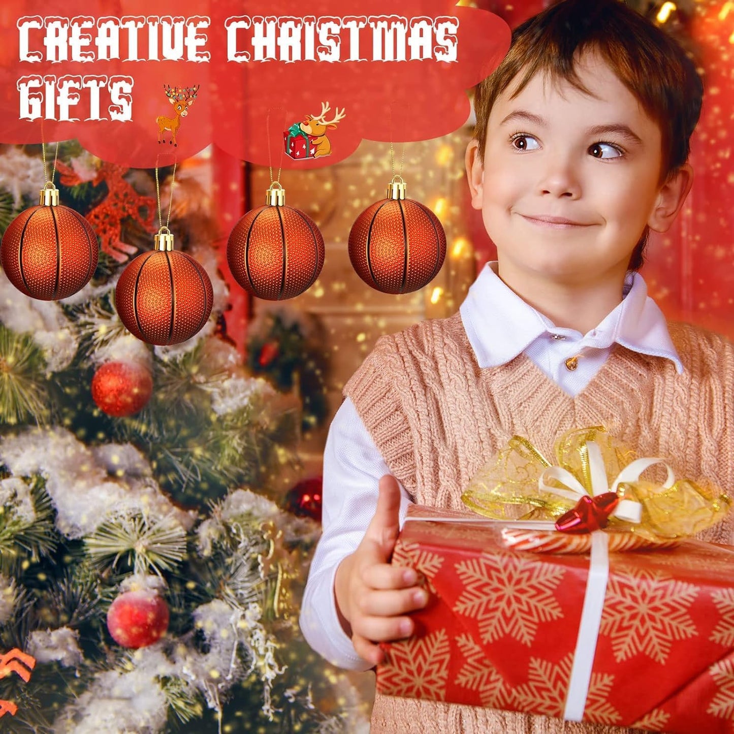 Leitee 12 Pcs Christmas Plastic Basketball 2.36 Inch Xmas Tree Ornaments with Hanging Loop Sports Theme Decorative Hanging Ornaments for Holiday Party Christmas Tree Home