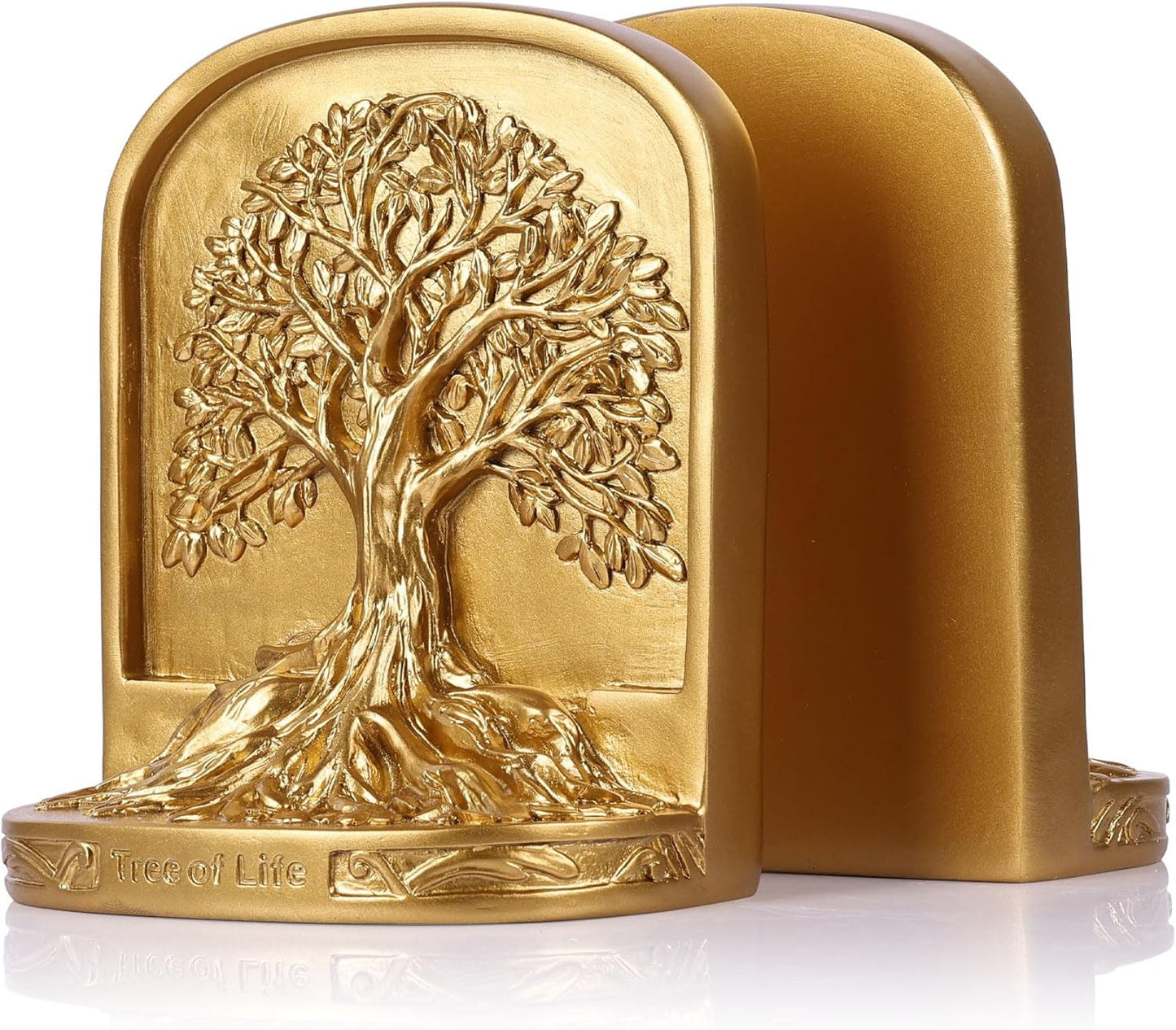 Gold Tree of Life Bookends Set, 2 Decorative Bookends for Shelves or Bookcase, Non-Skid Heavy Bookends for Desktop Shelf Decor, Library Office Decor, Home Décor Gift (Gold)