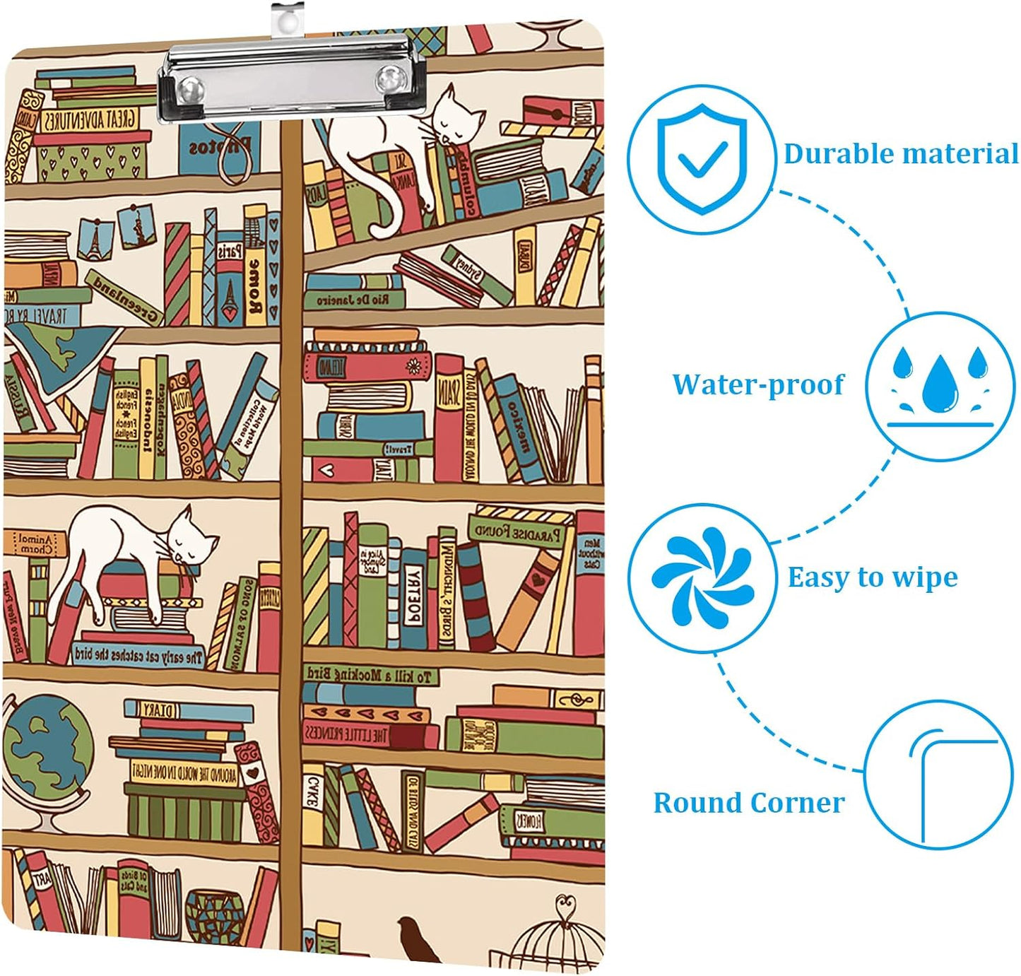 The Cat and The Bookshelf Plastic Clipboard with Finish Clip 8.7" x 12.5" Perfect for Modern Office Seminars Workshops Home School Classroom and Event