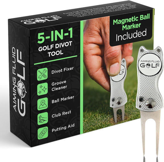 Golf Divot Repair Tool — 5-in-1 Golfing Ball Marker, Pitch Mark Repair, Putting Alignment, Club Tee, and Groove Cleaner, Accessory Metal Switchblade Design - Ideal Gift for Golfers