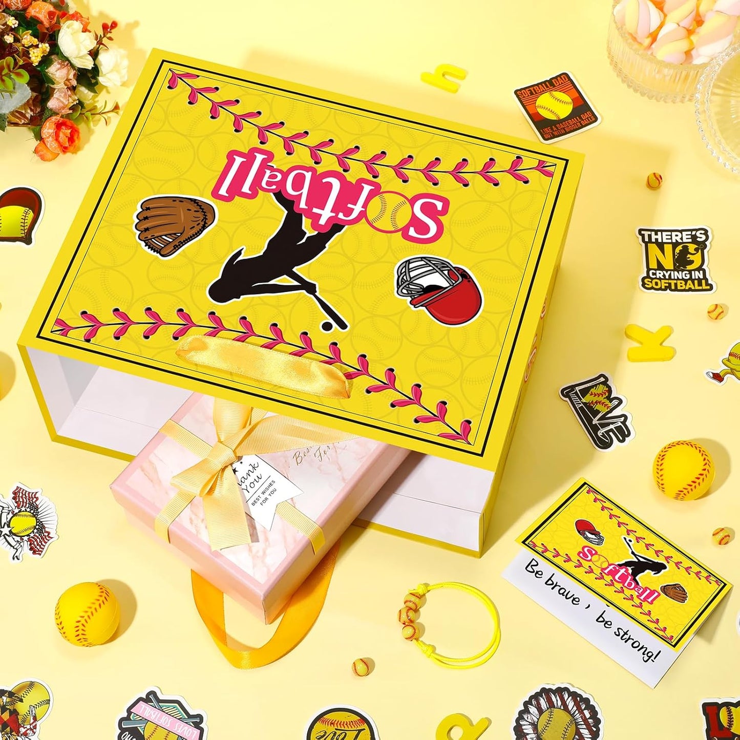 Softball Party Gift Bag Large Softball Gift Wrapping Bag with Tissue Paper Greeting Card Decorations for Sport Party Favor Softball Birthday Goodie Gifts Treat Wrap Bags for Girls Women Team Supplies