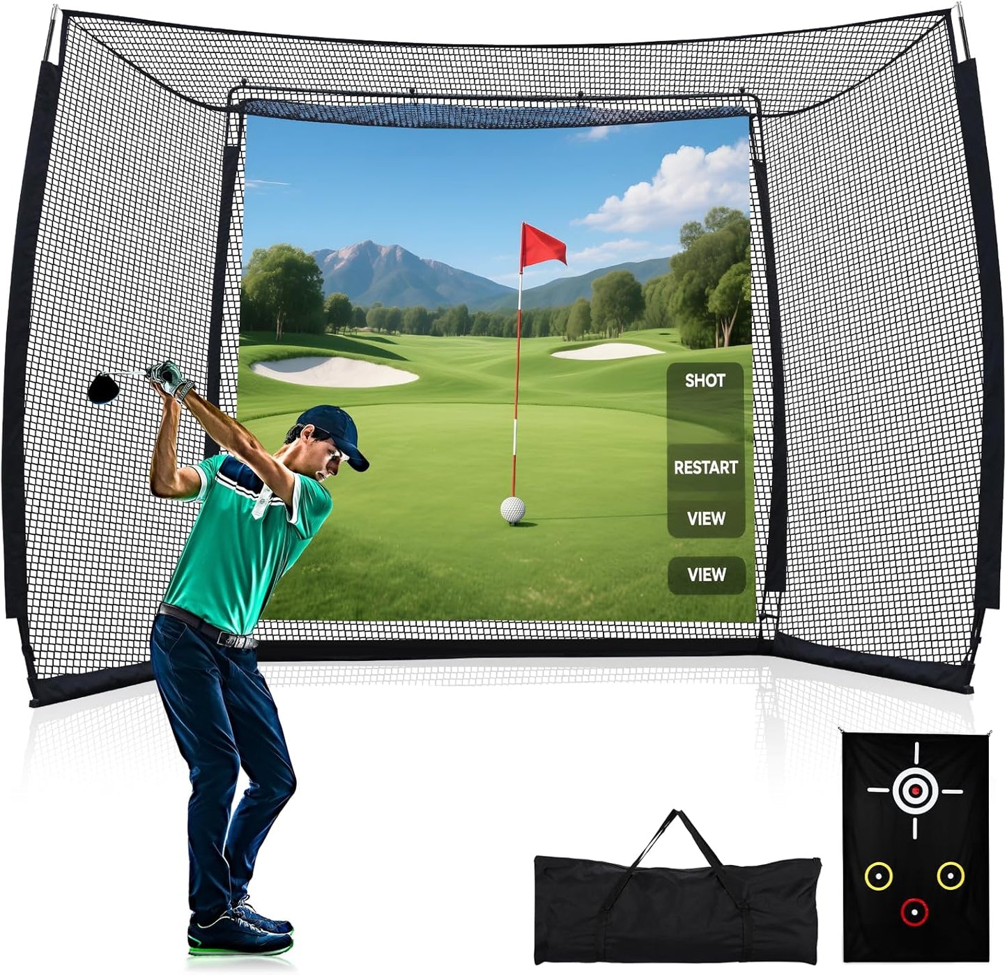 Golf Net with Simulator Impact Screen and Target Cloth, 10x8ft Golf Practice Net for Backyard, Portable Heavy Duty Golf Hitting Net for Outdoor Indoor