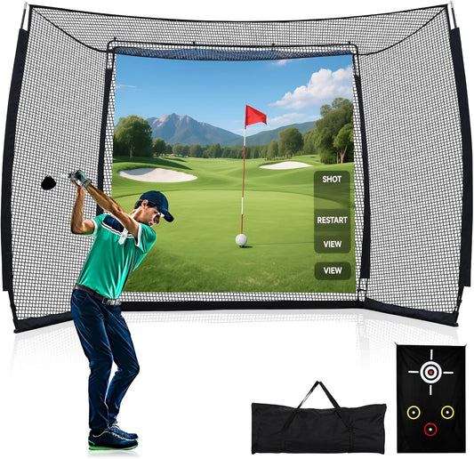 Golf Net with Simulator Impact Screen and Target Cloth, 10x8ft Golf Practice Net for Backyard, Portable Heavy Duty Golf Hitting Net for Outdoor Indoor