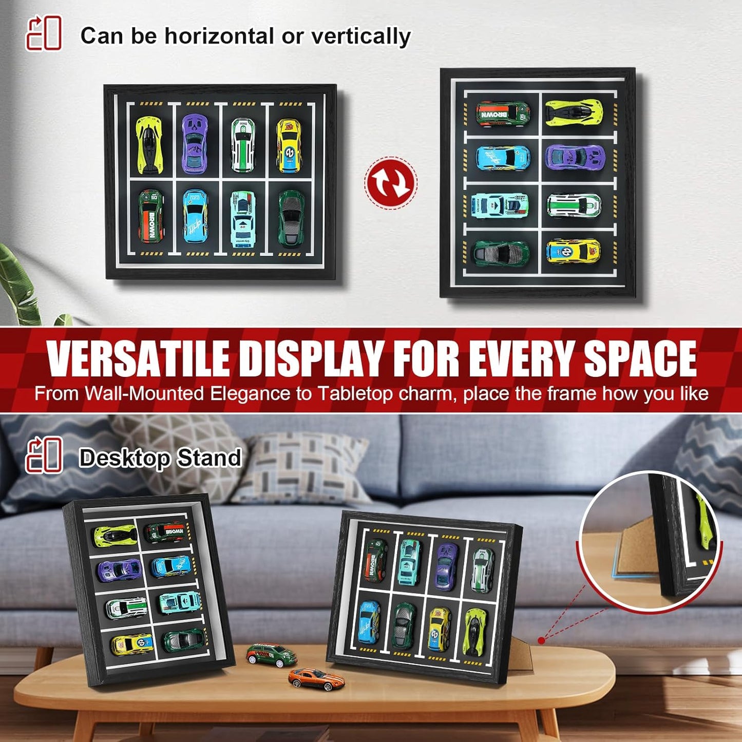 JupDec Magnetic 1:64 Scale Display Case for Hot Wheels, Clear Acrylic Toy Car Diecast Shadow Box with Parking Layout Mat for Matchbox, Wall Mount or Tabletop Display Box, Ideal Gift for Collectors