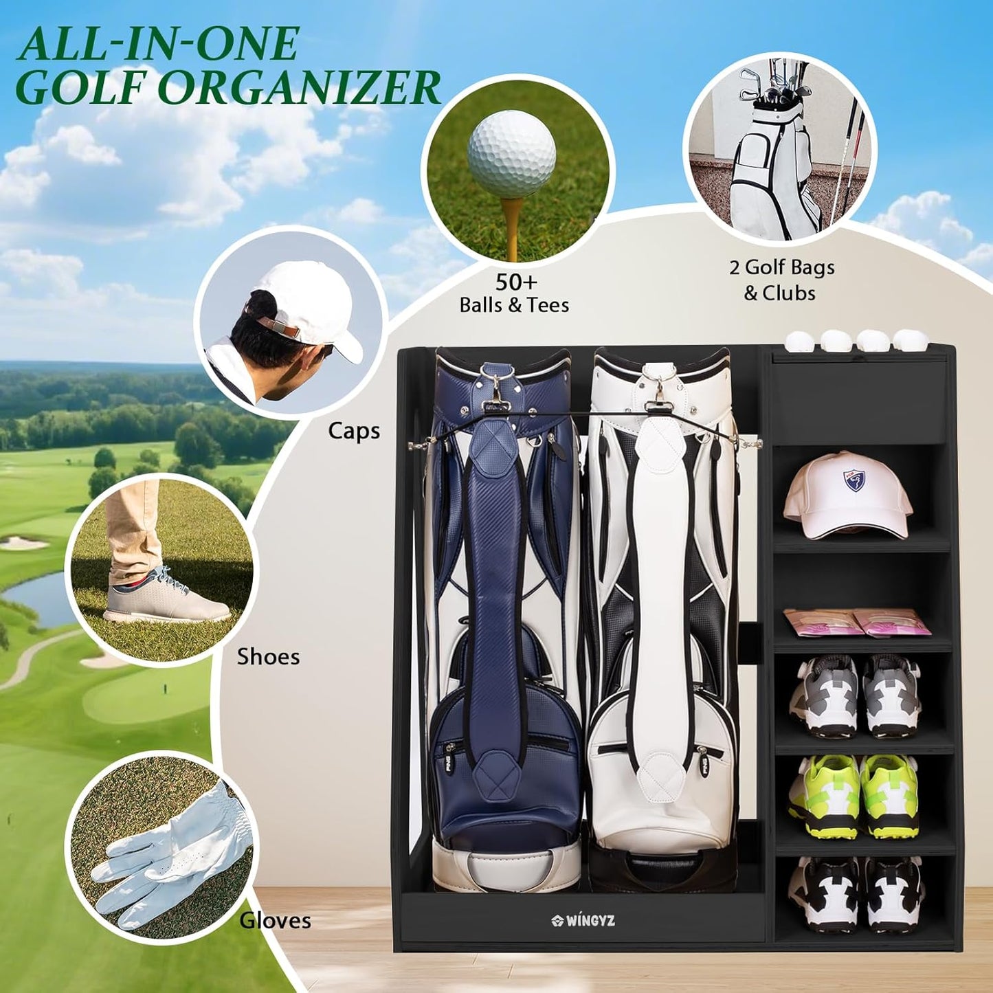 wingyz Wooden Golf Storage Organizer for Garage Fits 2 Bags for Any Level Golfer Great Gift, Golf Bag Rack Club Holder with 12-Ball Display Rack and 5 Shelves for Equipment Accessories