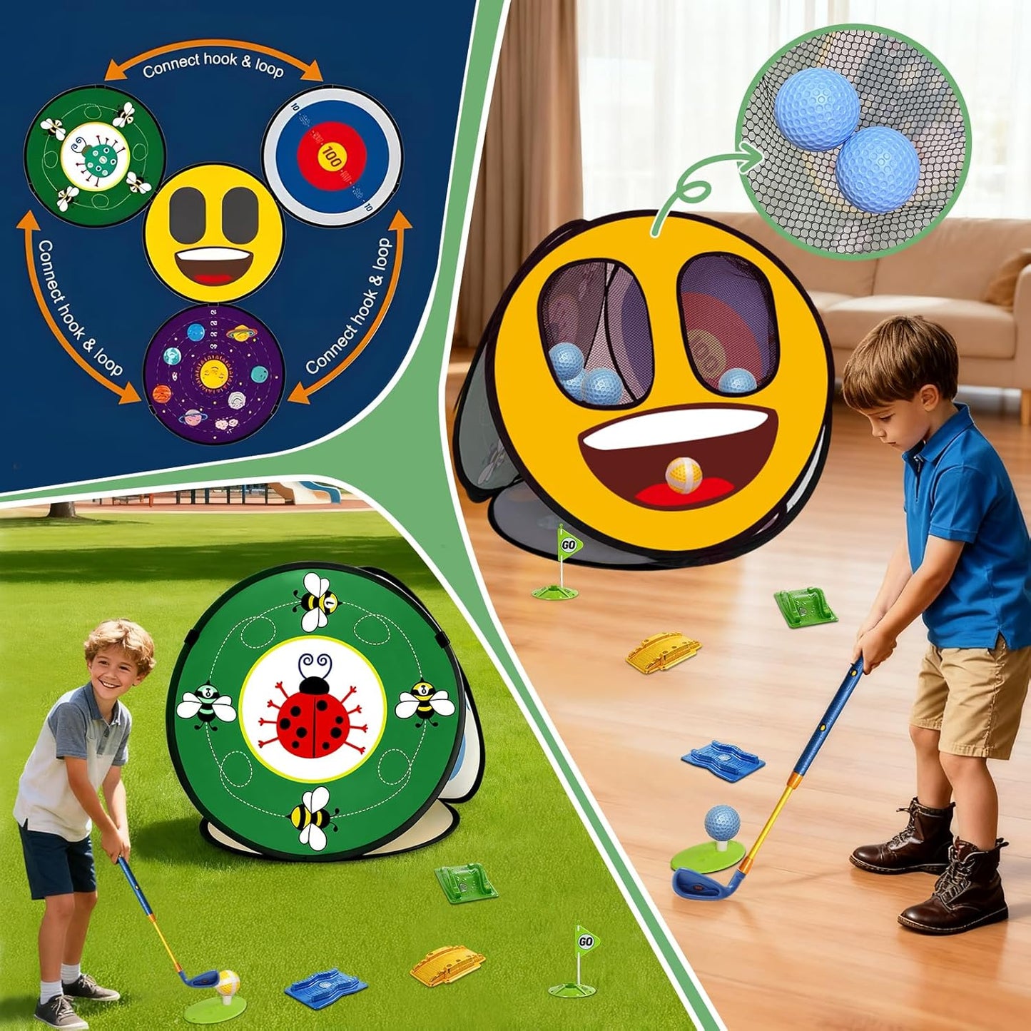 Kids Golf Set With Club - 28Pcs 4-In-1 Kids Sticky Golf Games Set , 4 -Sided Golf Chipping Net，Multiple Game Modes , Sports Outdoor Indoor Toys , Birthday Gifts for Girls Boys for 4 5 6 Years Old