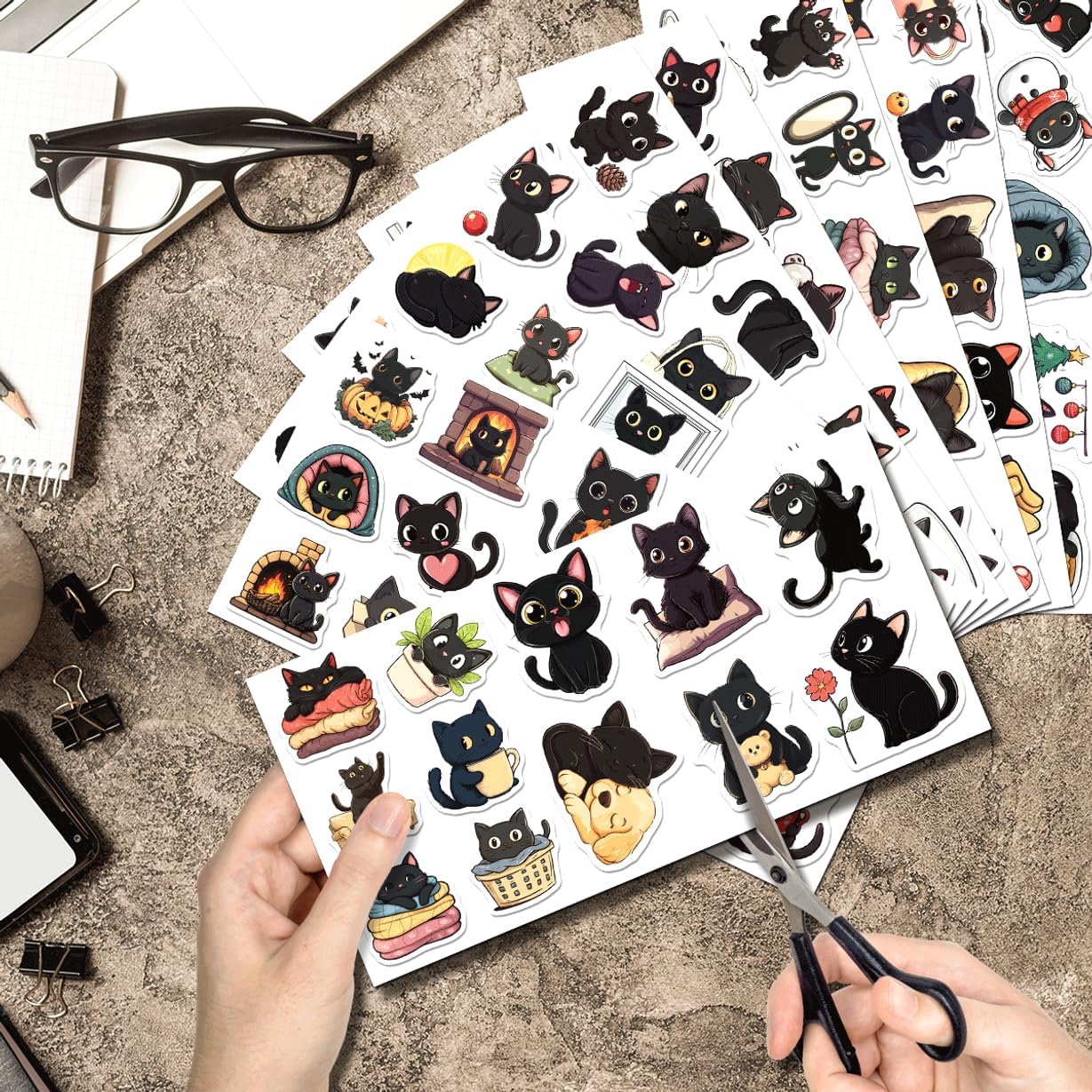 108Pcs Cute Black Cat Vinyl Sticker Pack Cartoon Aesthetic Stickers for Laptop Water Bottle Journal Scrapbook Waterproof Lover Decals Teens Kids Adults Gift